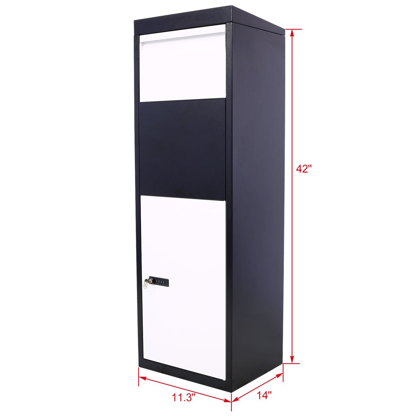 Package Delivery Box, 14'' x 11.3'' x 42'', Galvanized Steel Parcel Mailbox w/Code Lock & Mounting Hardware, for Outdoor Porch, Curbside, Black and White - Discount Msrp