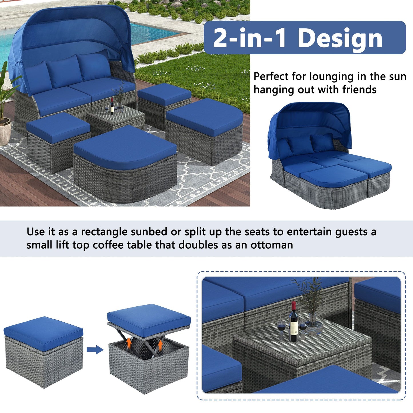 Outdoor Patio Furniture Set Daybed Sunbed with Retractable Canopy Conversation Set Wicker Furniture - Discount Msrp