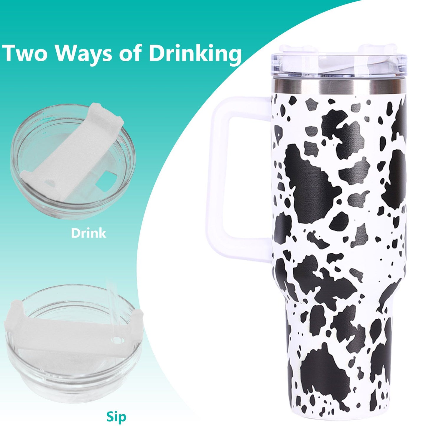 40oz 5D cowprint Insulated Tumbler With Handle And Straw Lid Portable Large Capacity water bottle, Heat preservation,304 Stainless Steel Cup For Outdoor Sports, Travel & Camping Birthday Gift - Discount Msrp