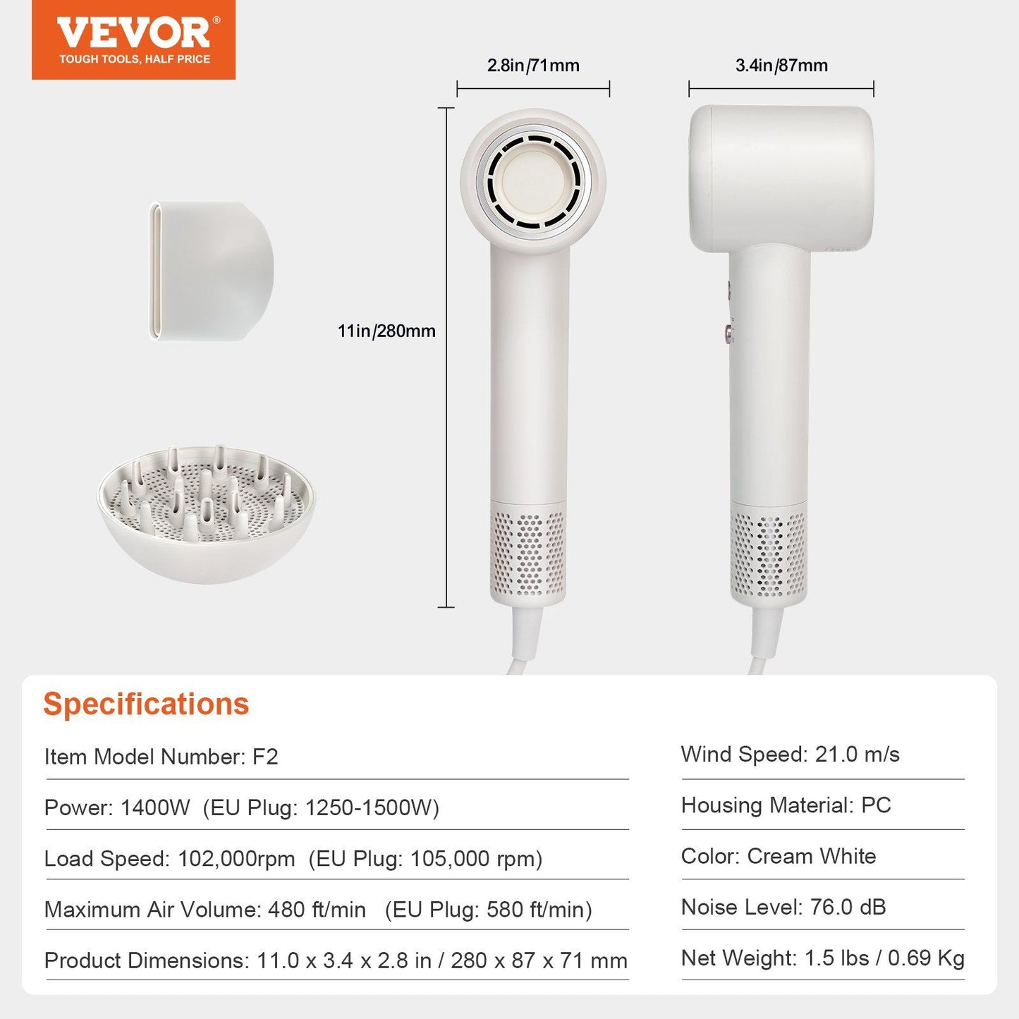 VEVOR High-Speed Hair Dryer with 102,000RPM Brushless Motor, 200 Million Negative Ions Hair Blow Dryer, 3-Color Temp LED Lights & 2 Speeds, Lightweight Hairdryer with Diffuser & Nozzle for Home Travel - Discount Msrp