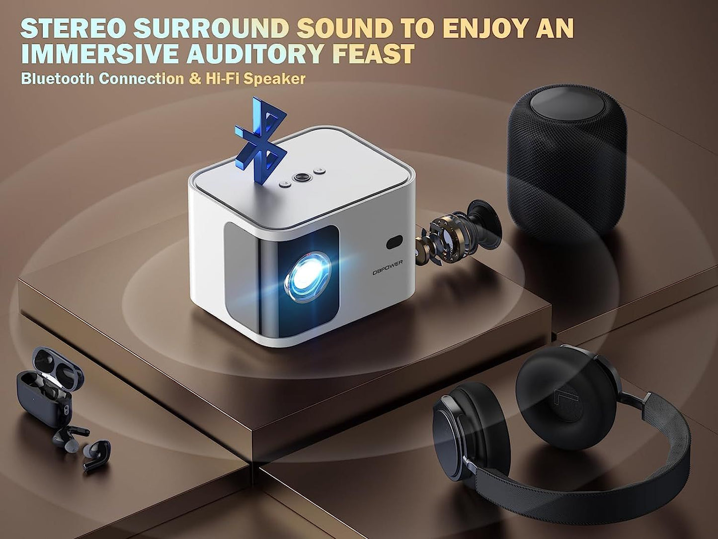 5G WiFi Mini Bluetooth Projector 4K Support, 300 ANSI HD 1080P Portable Video Projector, ±40° Vertical Keystone|Zoom|Timer, DBPOWER Smartphone Projector Outdoor Movie for PC/TV(White) - Discount Msrp