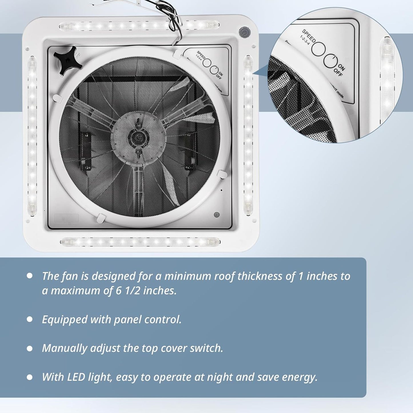 RV Roof Vent Fan 14" with LED Light,4 Speed Reversible 12V RV Exhaust Fan Low Noise,UV Protection,Manual Open for Camper,Travel,Cargo Trailer - Discount Msrp