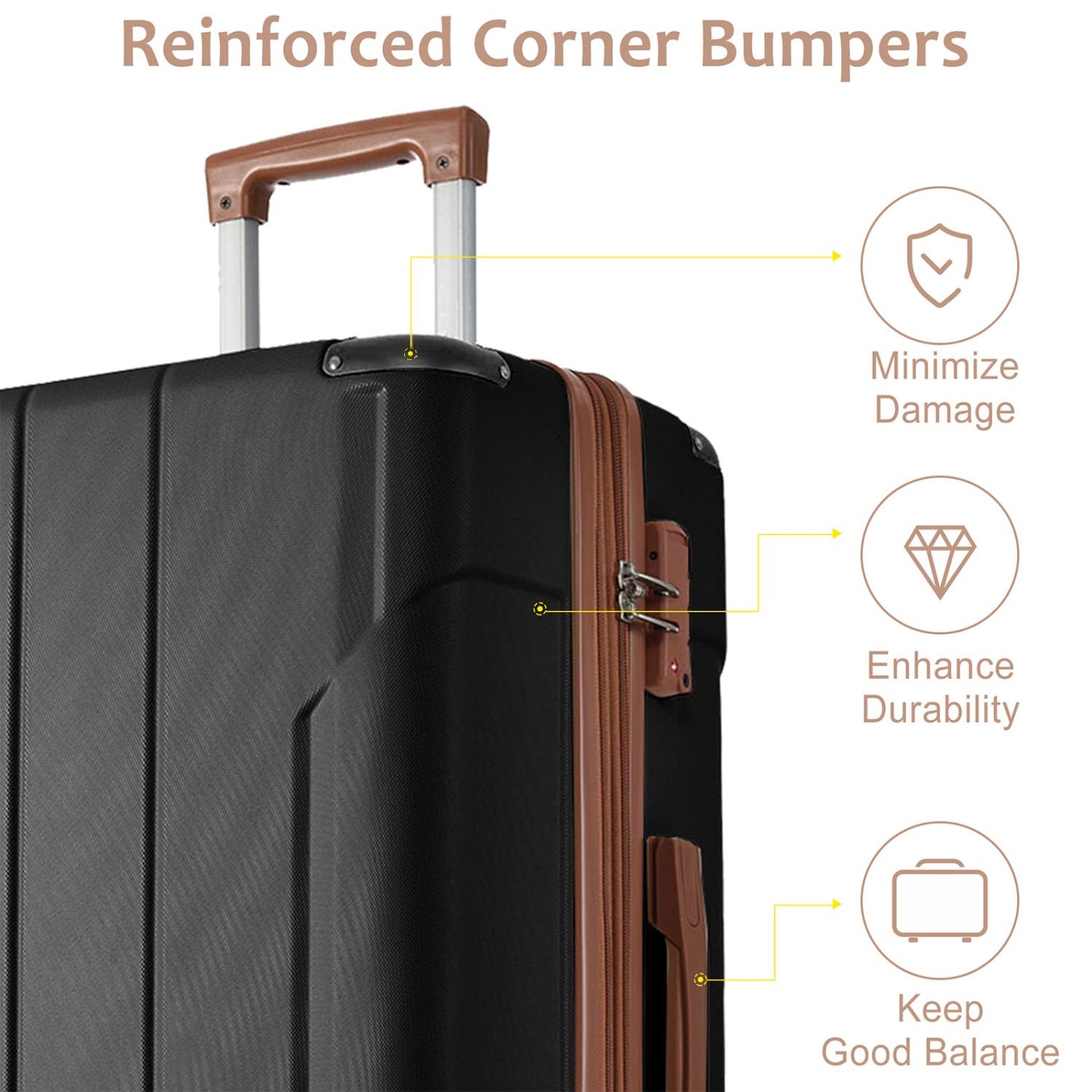 Luggage Sets 3 Piece, Hard shell ABS Lightweight Durable Suitcases with Double Spinner Wheels 20/24/28 Inch (Black Brown) - Discount Msrp