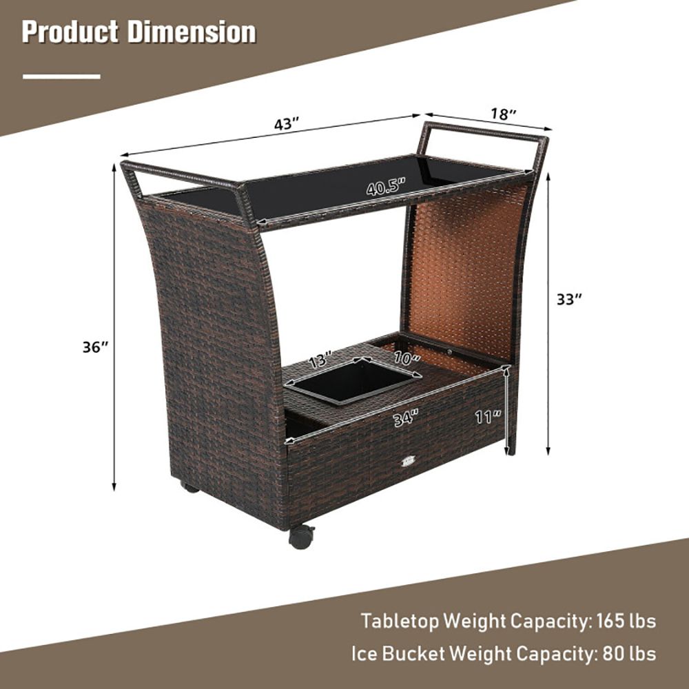 Patio Rattan Bar Serving Cart with Glass Top and Handle - Discount Msrp