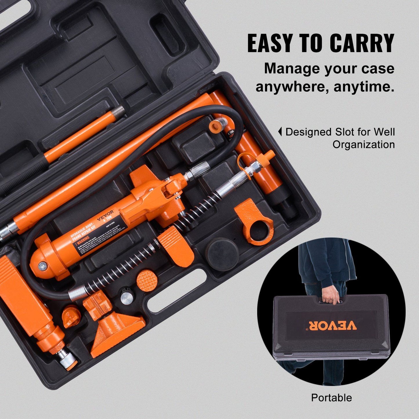 VEVOR 4 Ton/8800 LBS Porta Power, Portable Hydraulic Ram with 3.9 ft/1.2 m Oil Hose, Auto Body Frame Repair Kit with Storage Case for Car Repair, Truck, Farm - Discount Msrp