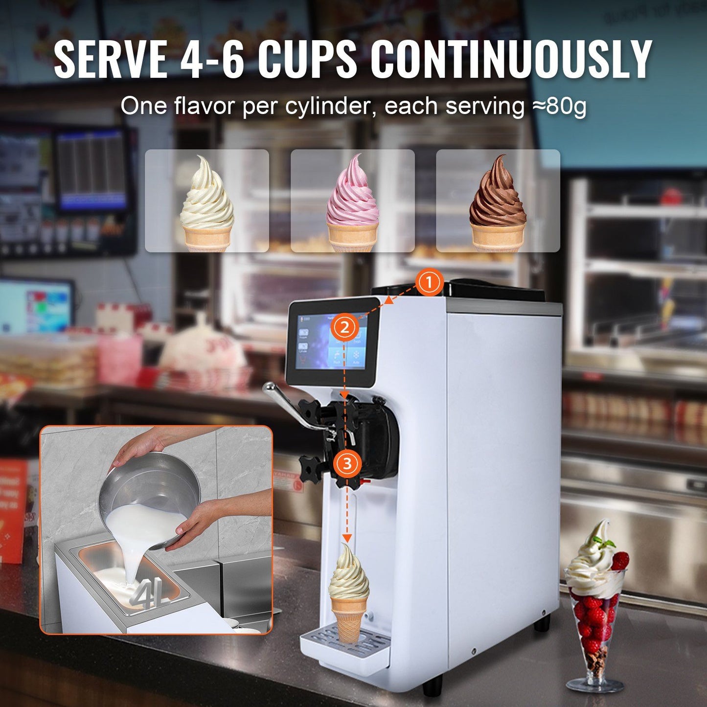 VEVOR Commercial Ice Cream Machine, 10.6 QT/H Yield, 1000W Single Flavor Countertop Soft Serve Ice Cream Maker, 4L Hopper 1.6L Cylinder, Touch Screen Auto Clean Pre-cooling, for Restaurant Snack Bar - Discount Msrp