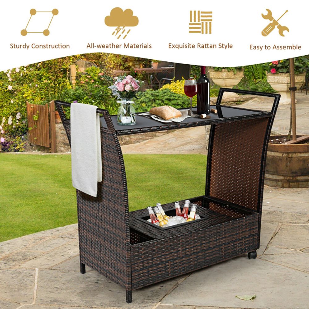 Patio Rattan Bar Serving Cart with Glass Top and Handle - Discount Msrp