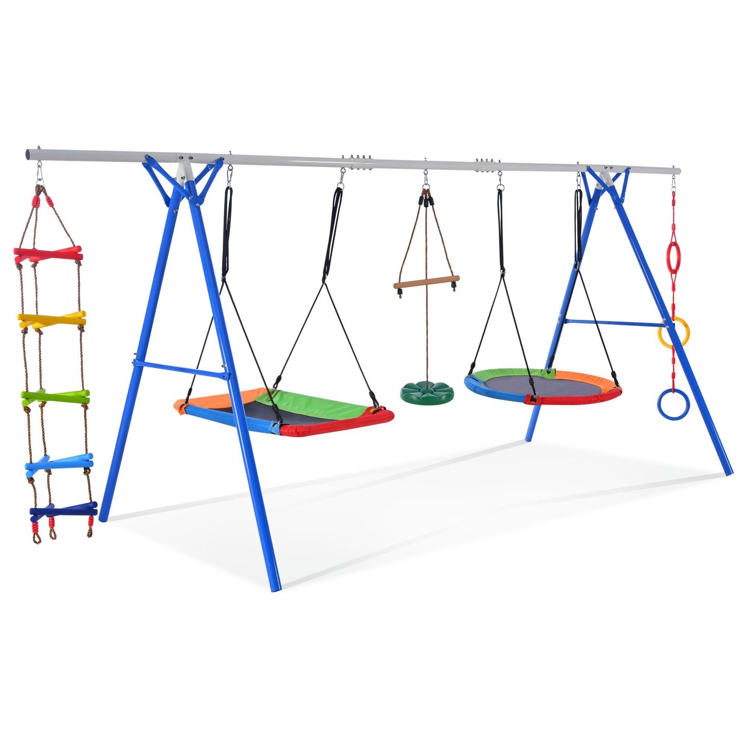 5 in 1 Outdoor Toddler Swing Set for Backyard, Playground Swing Sets with Steel Frame, Multifunction Playsets for Kids with Climbing Ladder, Saucer Swing, Monkey Bar Swing, Disc Swing and Swing Ring - Discount Msrp
