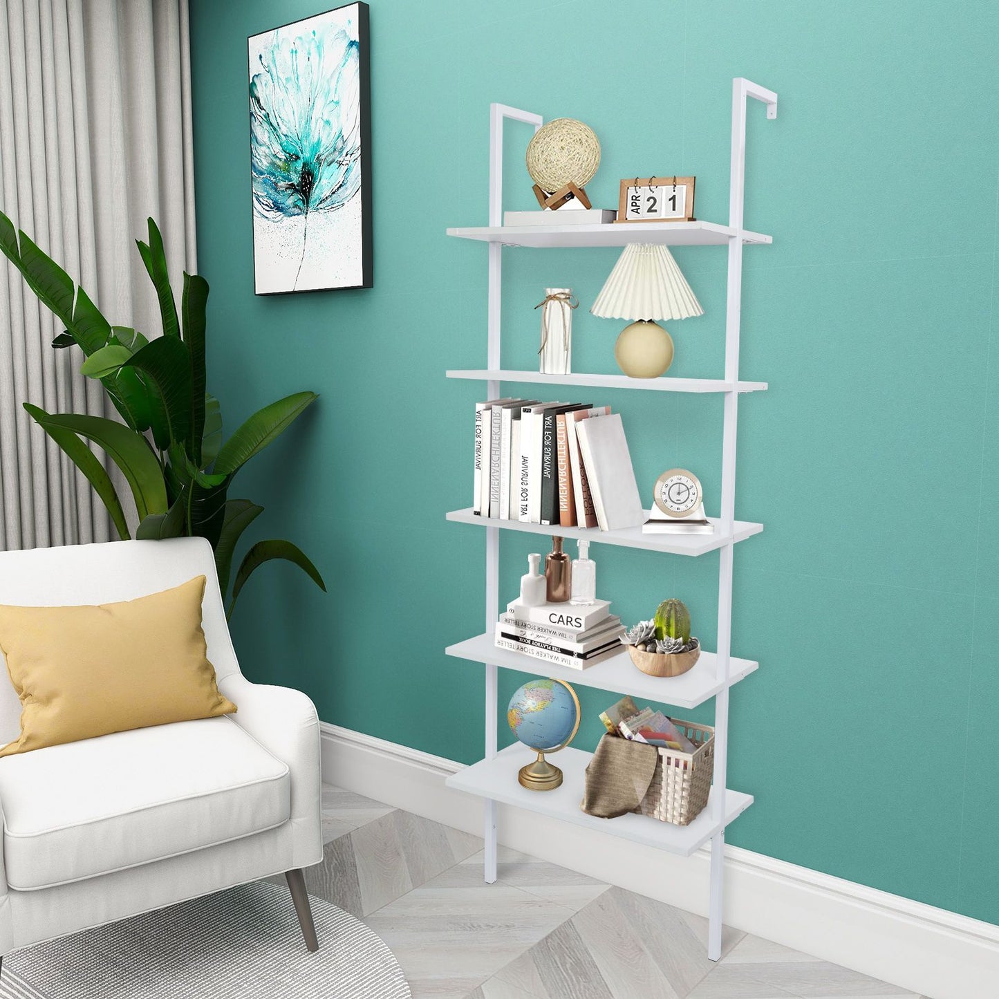 5-Shelf Wood Ladder Bookcase with Metal Frame Industrial 5-Tier Modern Ladder Shelf - Discount Msrp