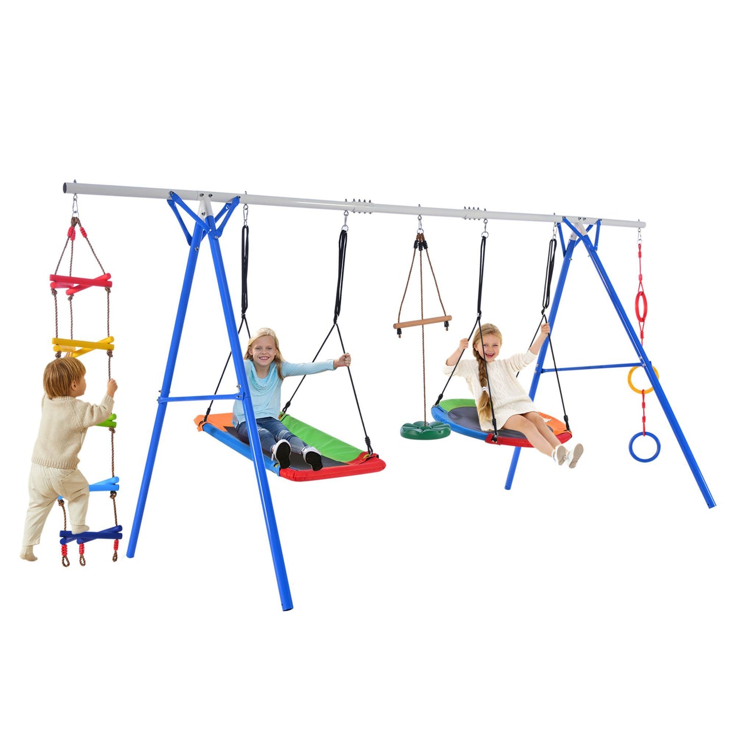 5 in 1 Outdoor Toddler Swing Set for Backyard, Playground Swing Sets with Steel Frame, Multifunction Playsets for Kids with Climbing Ladder, Saucer Swing, Monkey Bar Swing, Disc Swing and Swing Ring - Discount Msrp