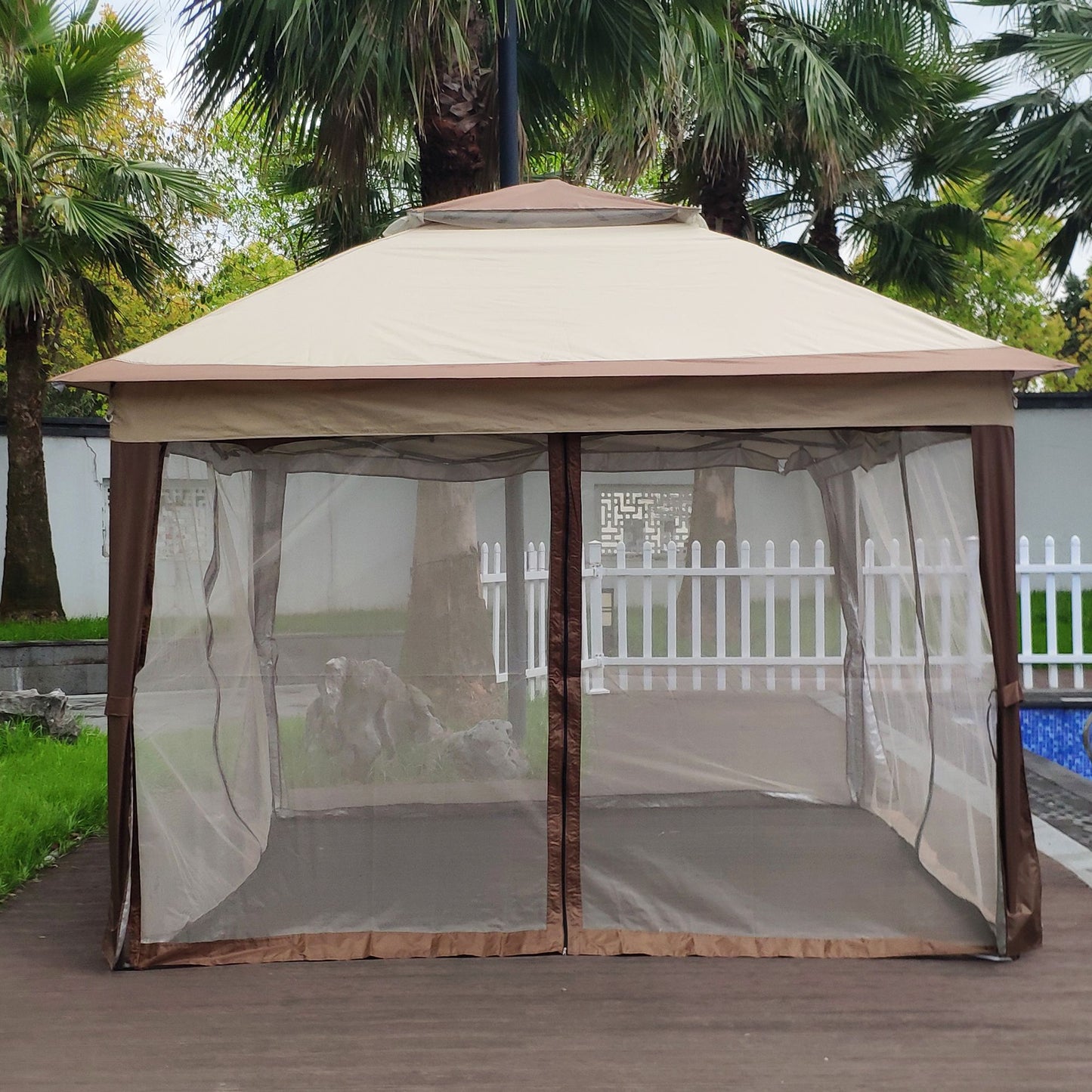 Outdoor 11x 11Ft Pop Up Gazebo Canopy With Removable Zipper Netting,2-Tier Soft Top Event Tent,Suitable For Patio Backyard Garden Camping Area,Coffee - Discount Msrp