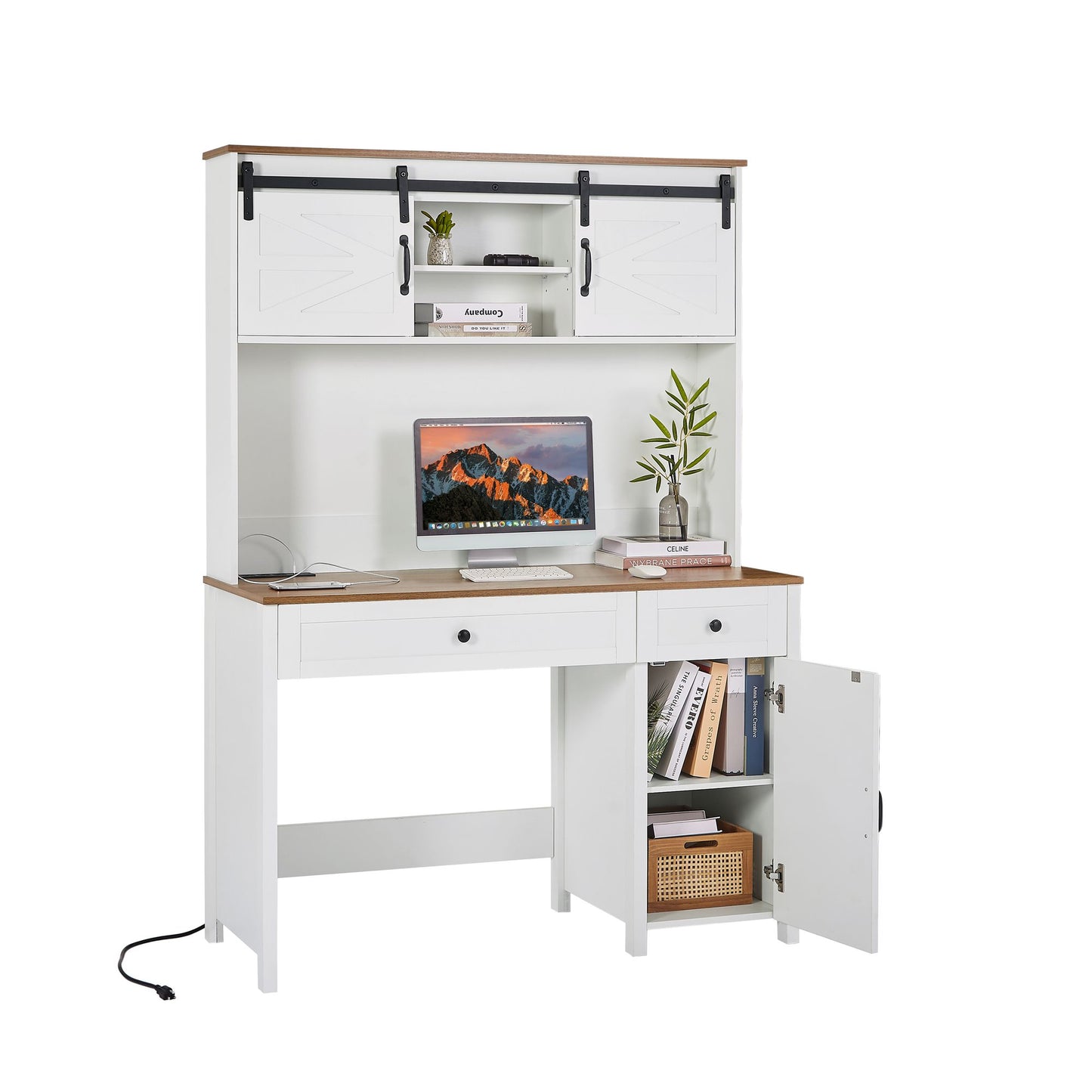 52" Farmhouse Executive Desk with Drawers, Wood Home Office Desk w/Charging Station, File Drawer, Storage Cabinet, Rustic Computer Writing Desk (Antique White) - Discount Msrp