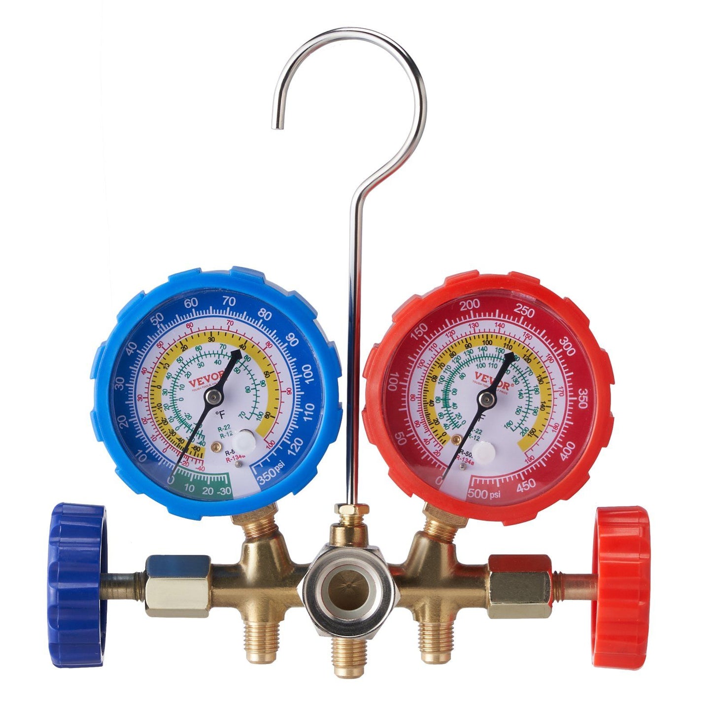VEVOR AC Gauge Set - 3 Way AC Manifold Gauge Set for R134A R22 R12 R502 Refrigerant, Freon Gauges with 5ft Hoses, Couplers, Can Tap Works on Car Auto Freon Charging and Evacuation - Discount Msrp