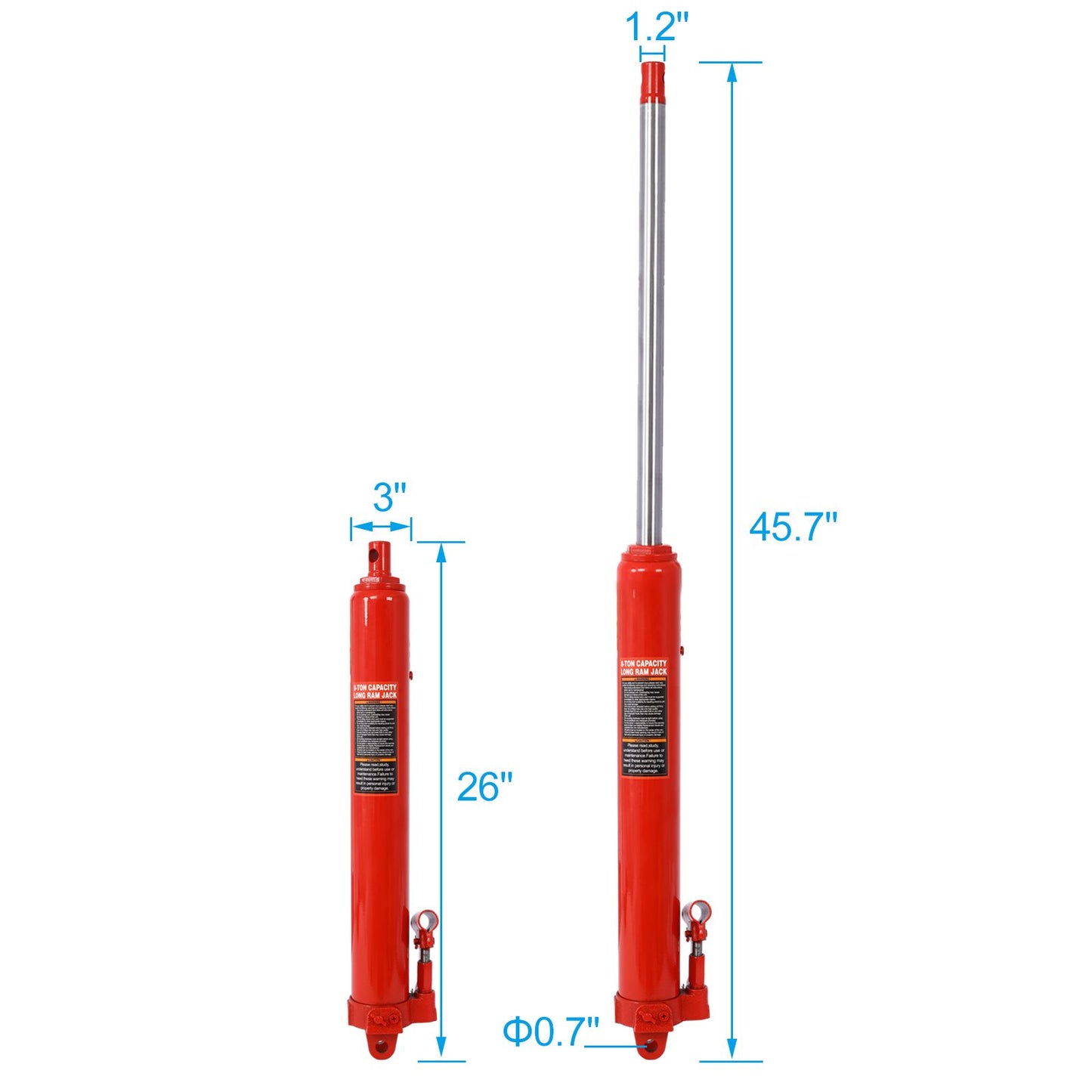 Hydraulic Long Ram Jack with Single Piston Pump and Clevis Base (Fits: Garage/Shop Cranes, Engine Hoists, and More): 8 Ton (16,000 lb) Capacity, Red - Discount Msrp