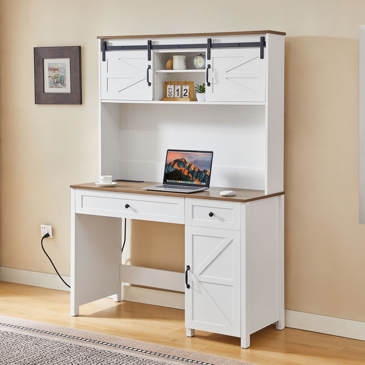52" Farmhouse Executive Desk with Drawers, Wood Home Office Desk w/Charging Station, File Drawer, Storage Cabinet, Rustic Computer Writing Desk (Antique White) - Discount Msrp