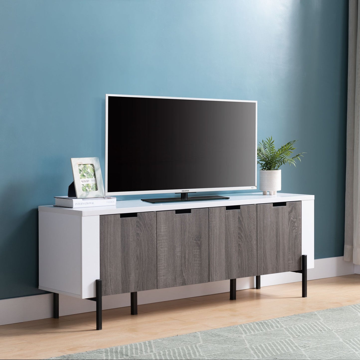 60" Two- Toned TV Stand with Four Cabinet Doors, Storage Cabinet -White & Distressed Grey - Discount Msrp