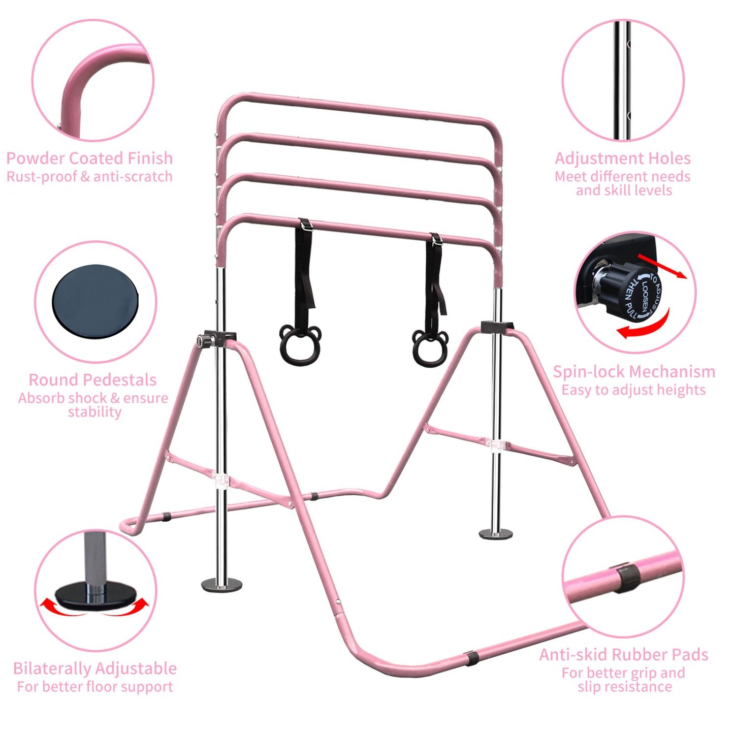 Pink Multi-Functional Adjustable Height Children's Horizontal Gymnastic Bar With Bear Rings - Discount Msrp
