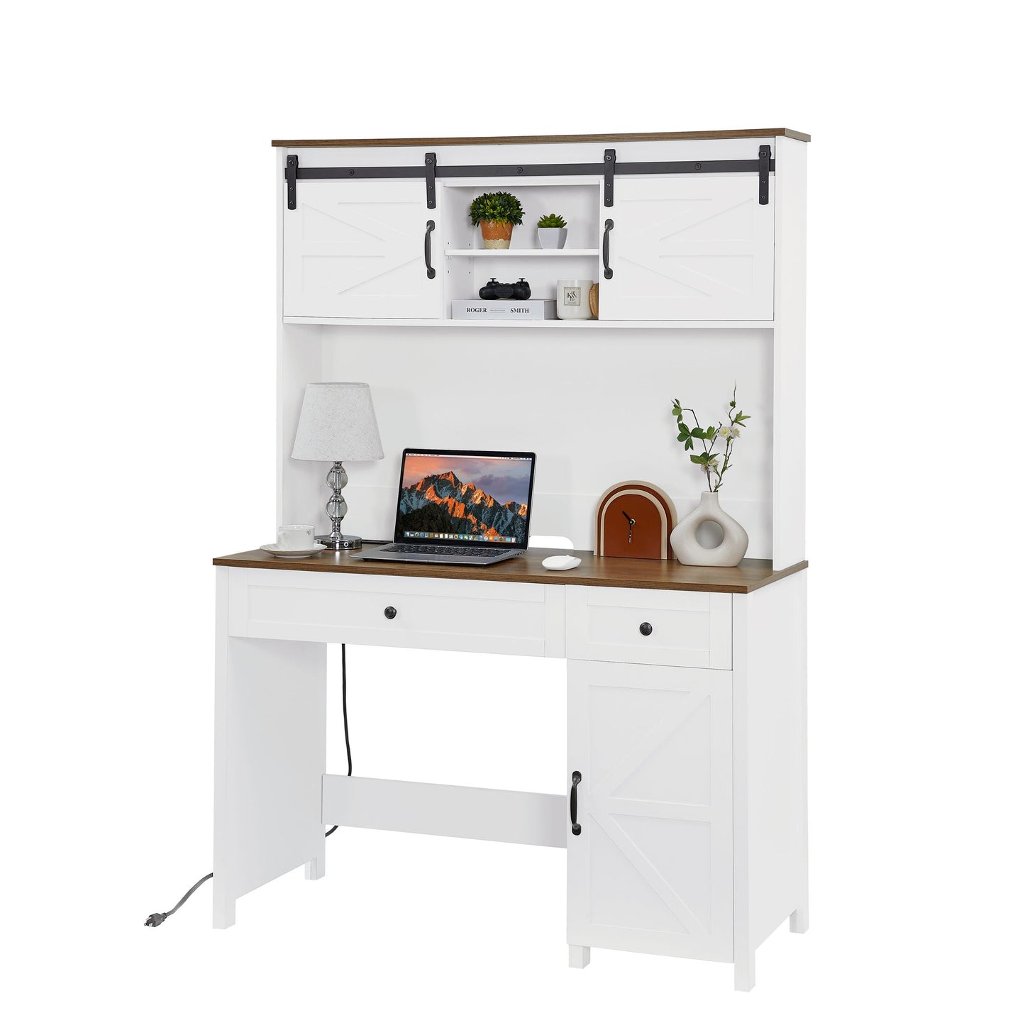 52" Farmhouse Executive Desk with Drawers, Wood Home Office Desk w/Charging Station, File Drawer, Storage Cabinet, Rustic Computer Writing Desk (Antique White) - Discount Msrp