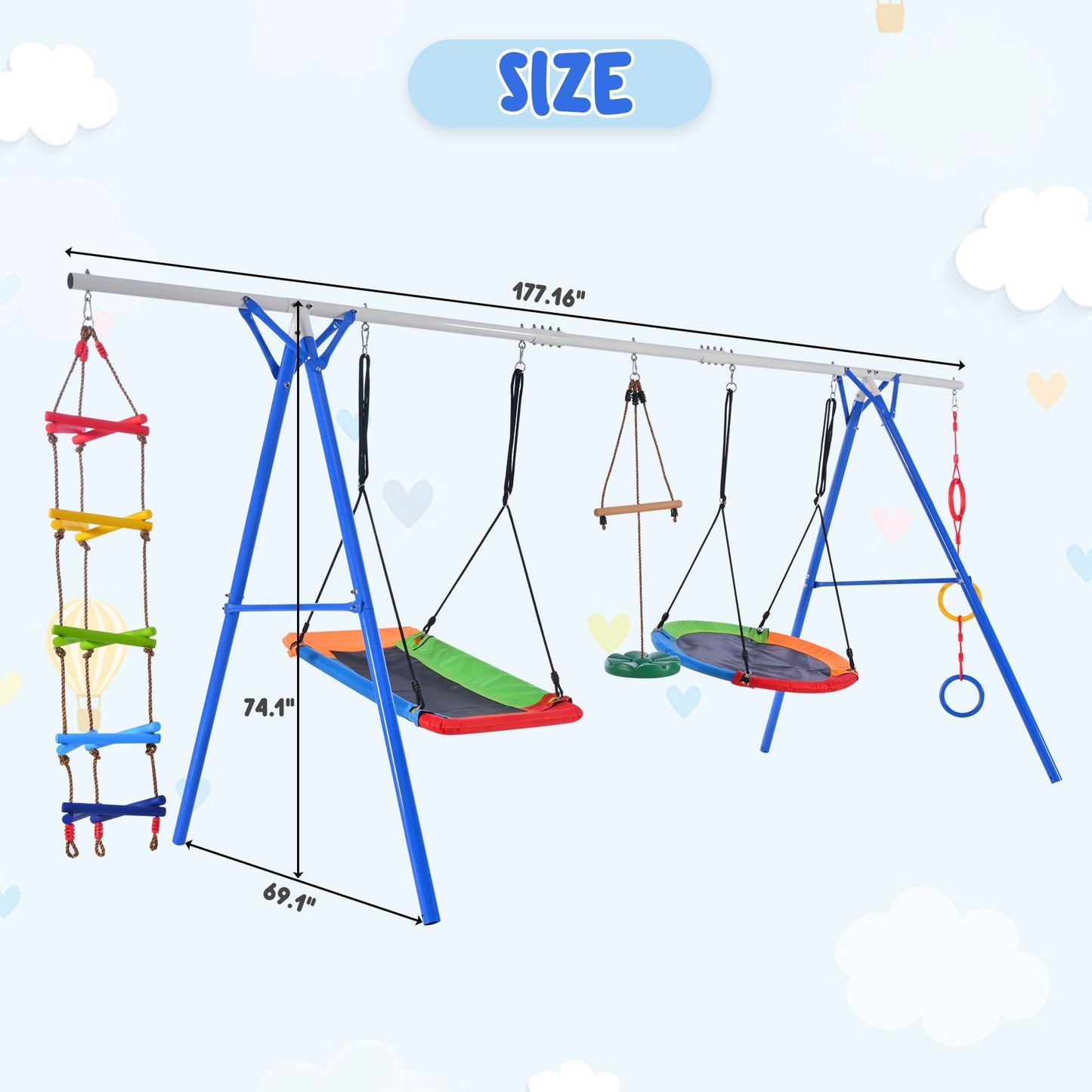 5 in 1 Outdoor Toddler Swing Set for Backyard, Playground Swing Sets with Steel Frame, Multifunction Playsets for Kids with Climbing Ladder, Saucer Swing, Monkey Bar Swing, Disc Swing and Swing Ring - Discount Msrp