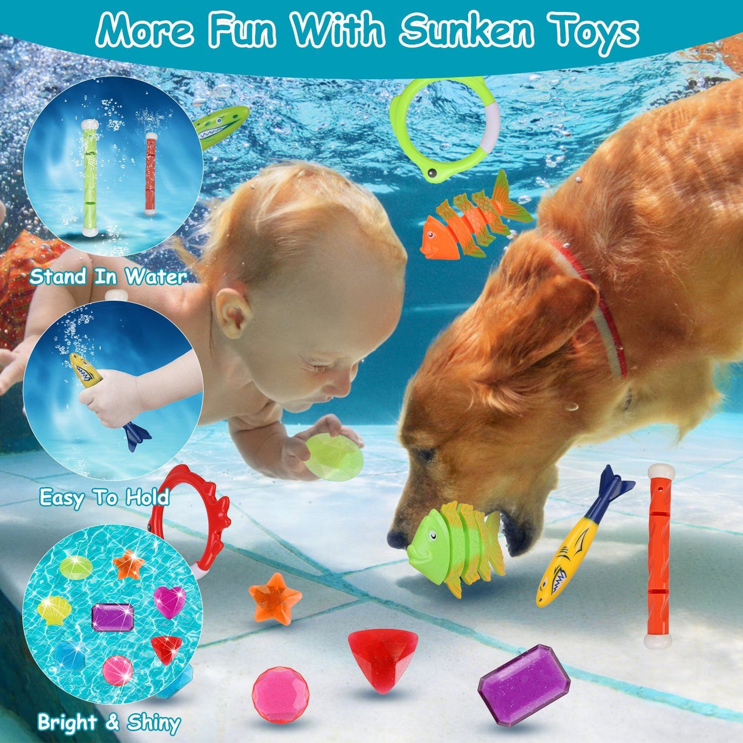 24Pcs Diving Toys Swimming Pool Toys Swim Toys for Kids Aged 3+ Years Old Swim Thru Rings Torpedoes Gems Volleyball Storage Bag - Discount Msrp