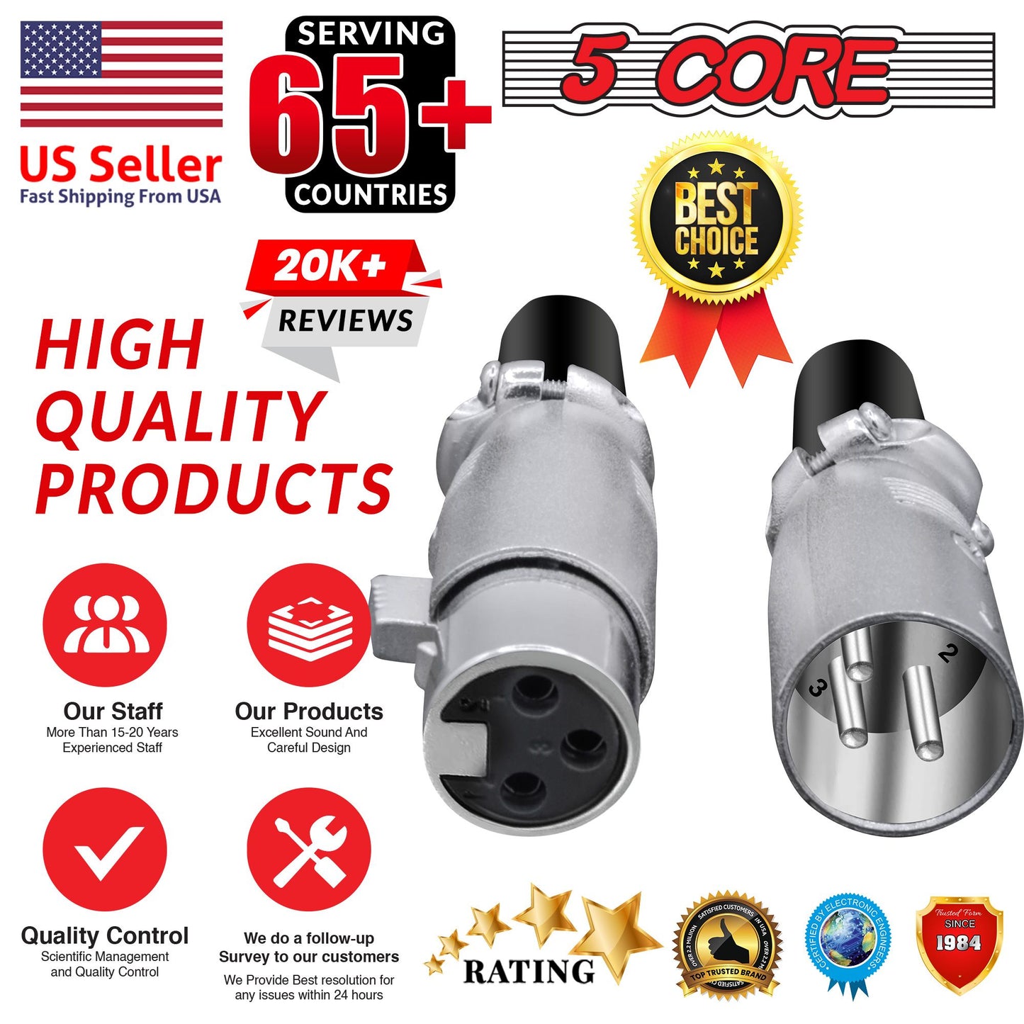 5Core XLR Connector Male Female to 1/4 Audio Jack 3 Pin Secure Mic Plug w Locking Ends - Discount Msrp