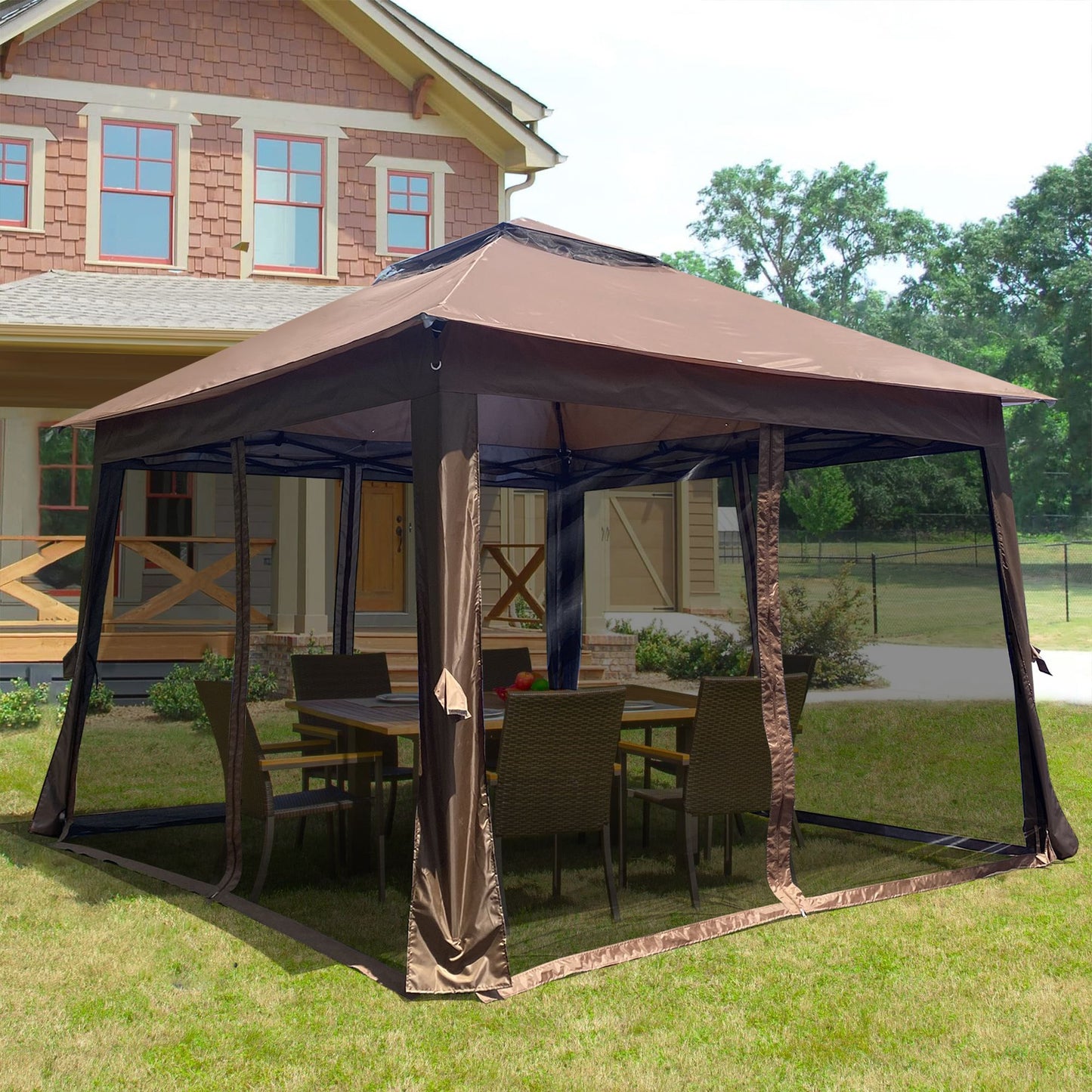 Outdoor 11x 11Ft Pop Up Gazebo Canopy With Removable Zipper Netting,2-Tier Soft Top Event Tent,Suitable For Patio Backyard Garden Camping Area with 4 Sandbags,Brown - Discount Msrp