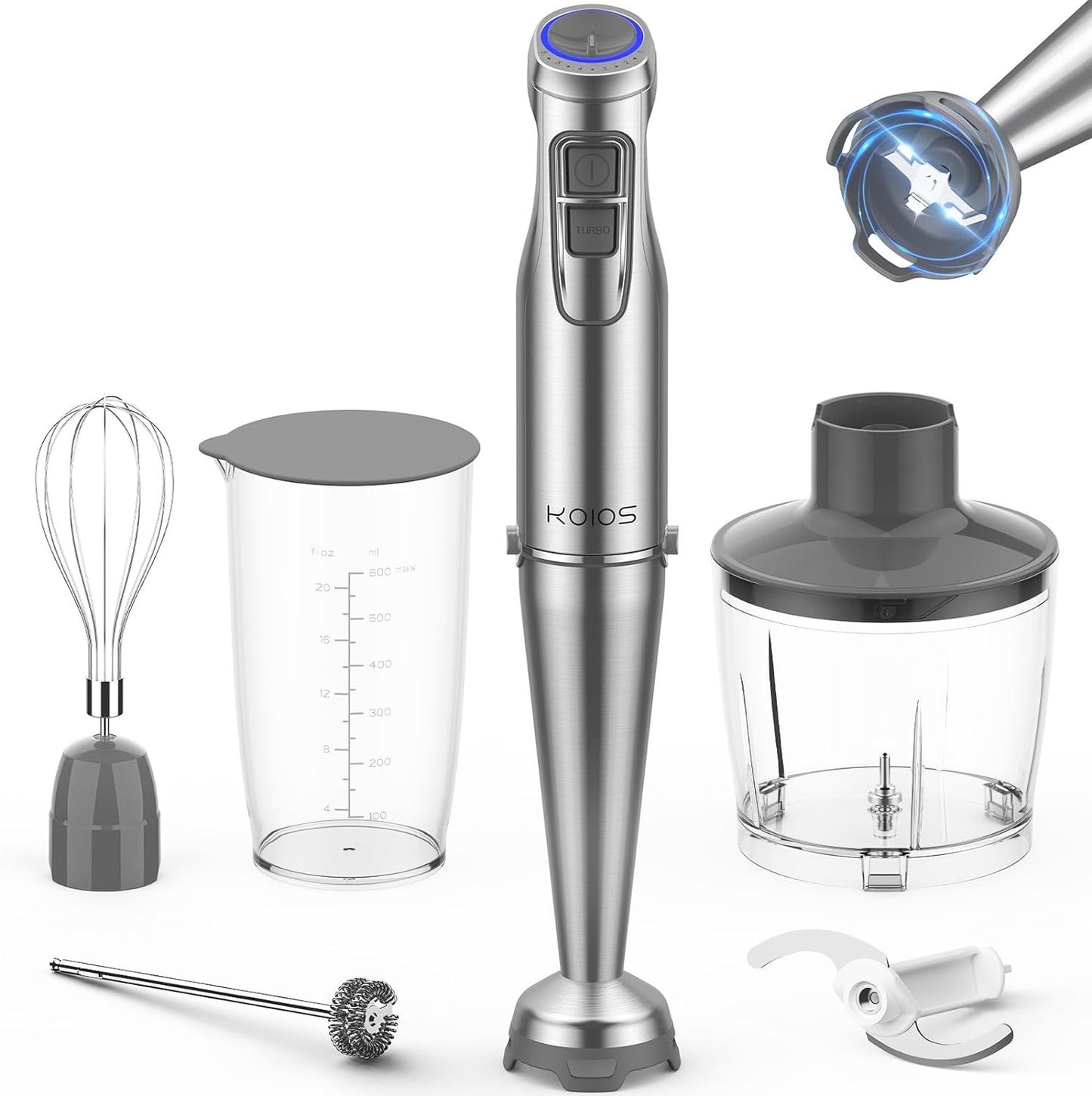KOIOS 1100W Immersion Hand Blender, Stainless Steel Stick Blender with 12-Speed & Turbo Mode, 5-in-1 Handheld Blender with 600ml Mixing Beaker with Lid, 500ml Chopper, Whisk, Milk Frother, BPA-Free - Discount Msrp