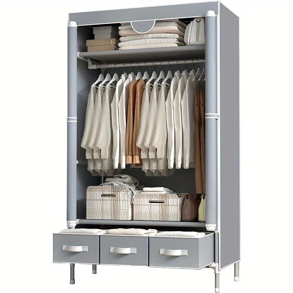 Portable Clothes Closet Rolling Door Wardrobe with Hanging Rack Non-Woven Fabric Storage Organizer with Three Drawer Boxes No-Tool Assembly - 67in*35.4in*17.7in(Gray) - Discount Msrp