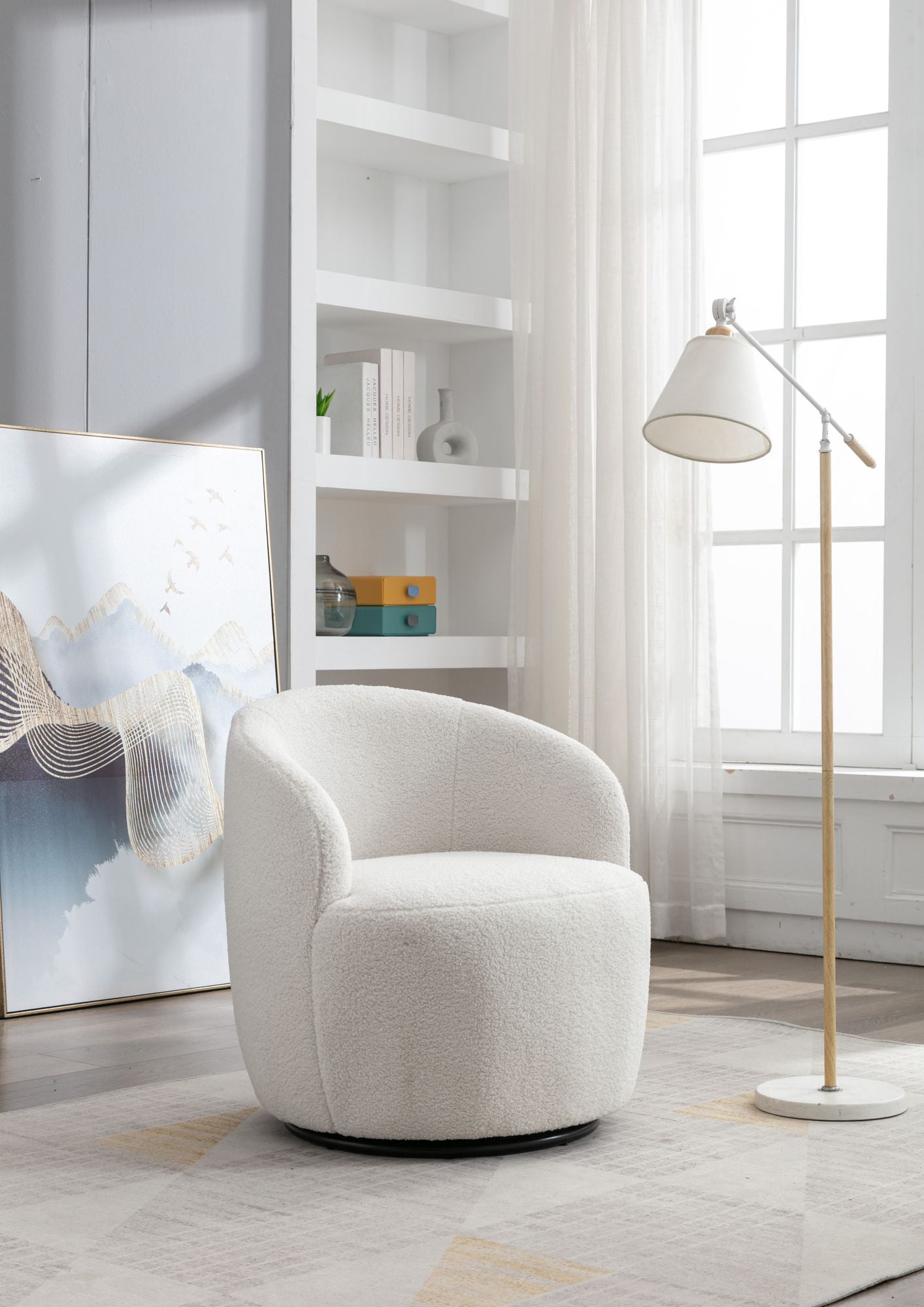 Teddy Fabric Swivel Accent Armchair Barrel Chair With Black Powder Coating Metal Ring,Ivory White - Discount Msrp