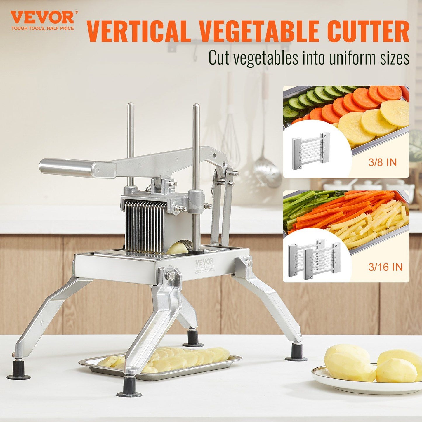 VEVOR Commercial Vegetable Slicer, 3/8" and 3/16" Tomato Slicer, Stainless Steel and Aluminum Alloy Vegetable Cutter Slicer, Manual Tomato Slicer with Non-slip Feet, for Tomatoes, Potatoes, Onions - Discount Msrp