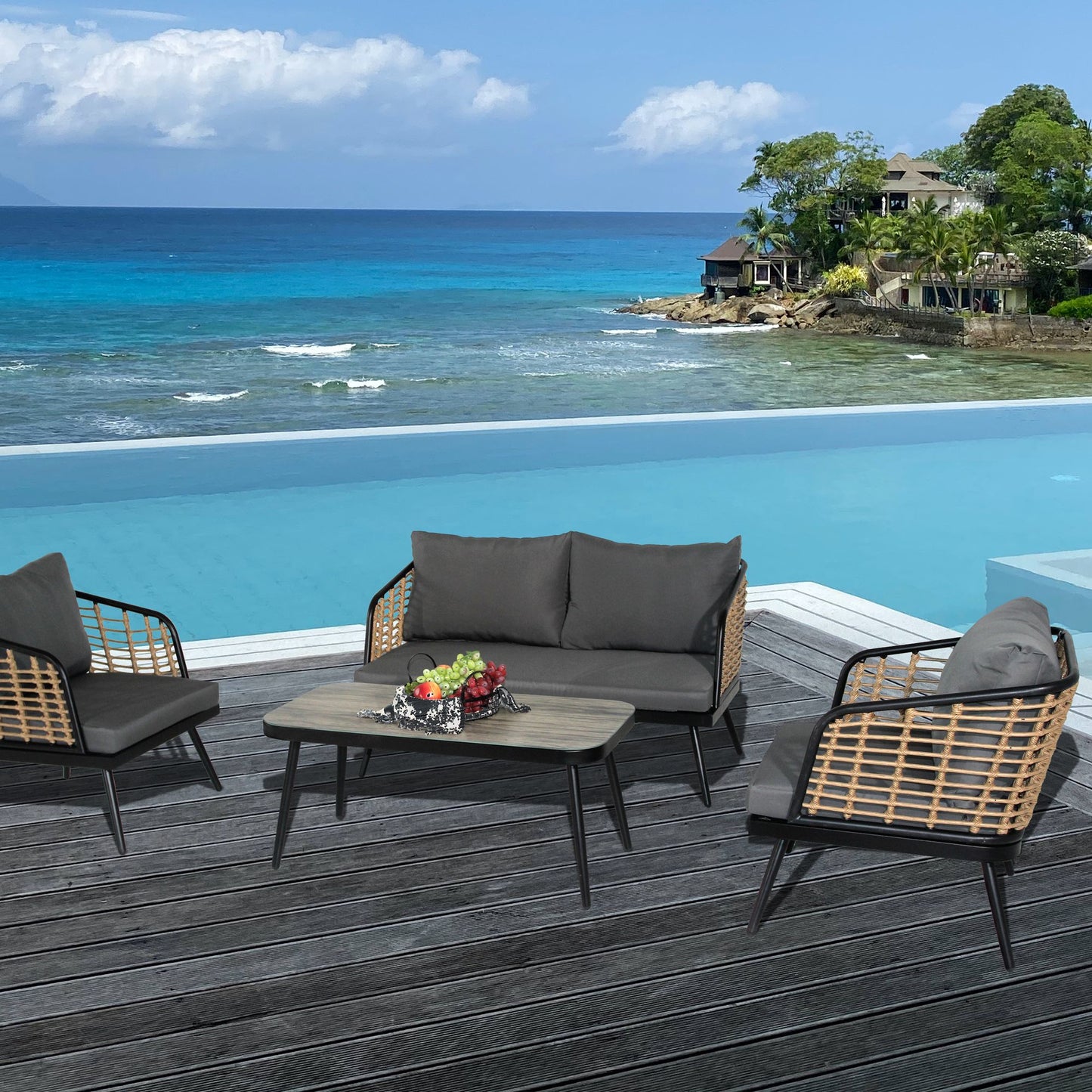 4 Pieces Patio Furniture Set, PE Rattan Wicker 4 Pcs Outdoor Sofa Set w/Washable Cushion and Tempered Glass Tabletop, Conversation Furniture for Garden Poolside Balcony - Discount Msrp
