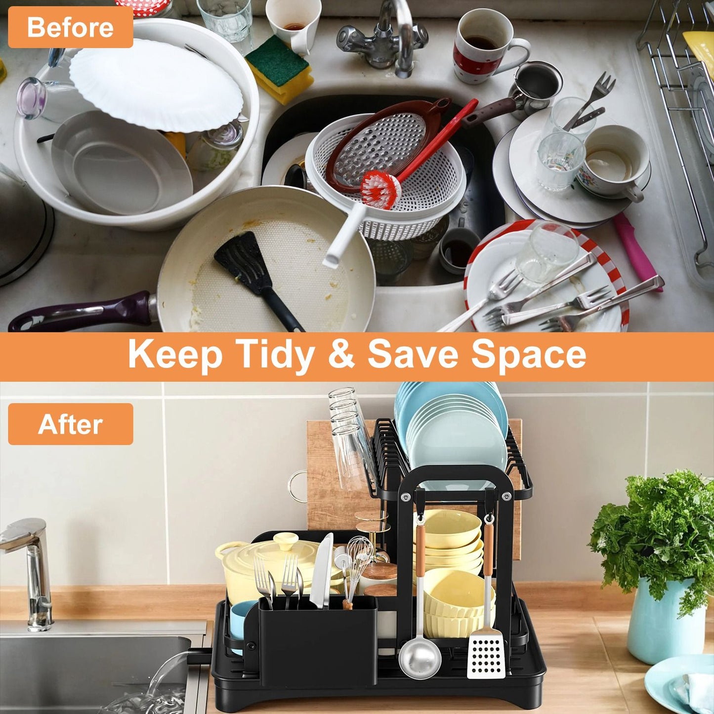 2-Tier Dish Drying Rack for Kitchen Counter Space Saving Rustproof Dish Rack with Drainboard Detachable Kitchen Drainer Organizer Set - Discount Msrp