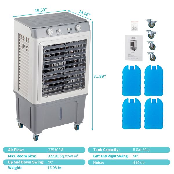 3 in 1 Portable Evaporative Cooler,Indoor,Outdoor,2353CFM Personal Air Cooler,7.9 Gal Large Water Tank & Scroll Casters, 4 Ice Packs,White, Manual control - Discount Msrp