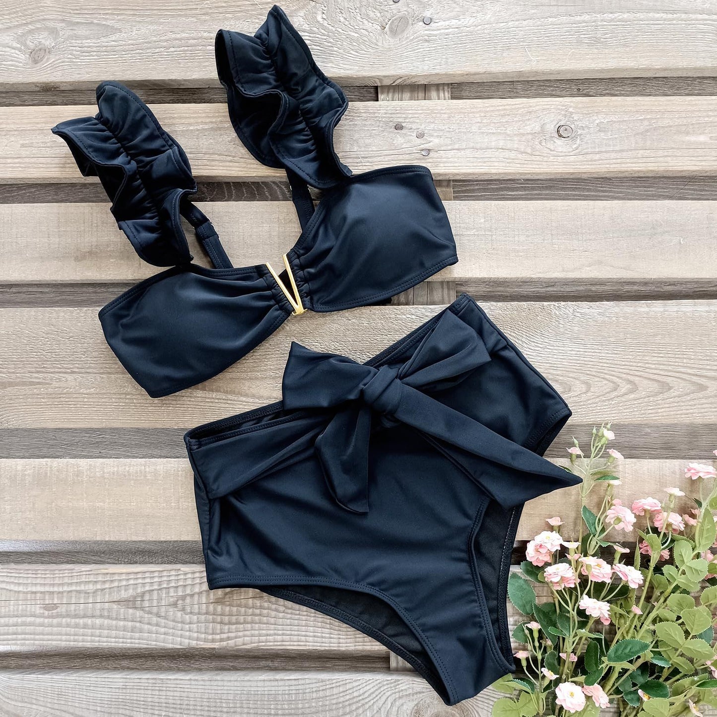 Ladies' split ruffle edge solid color high waist sexy bikini swimsuit looks slim - Discount Msrp