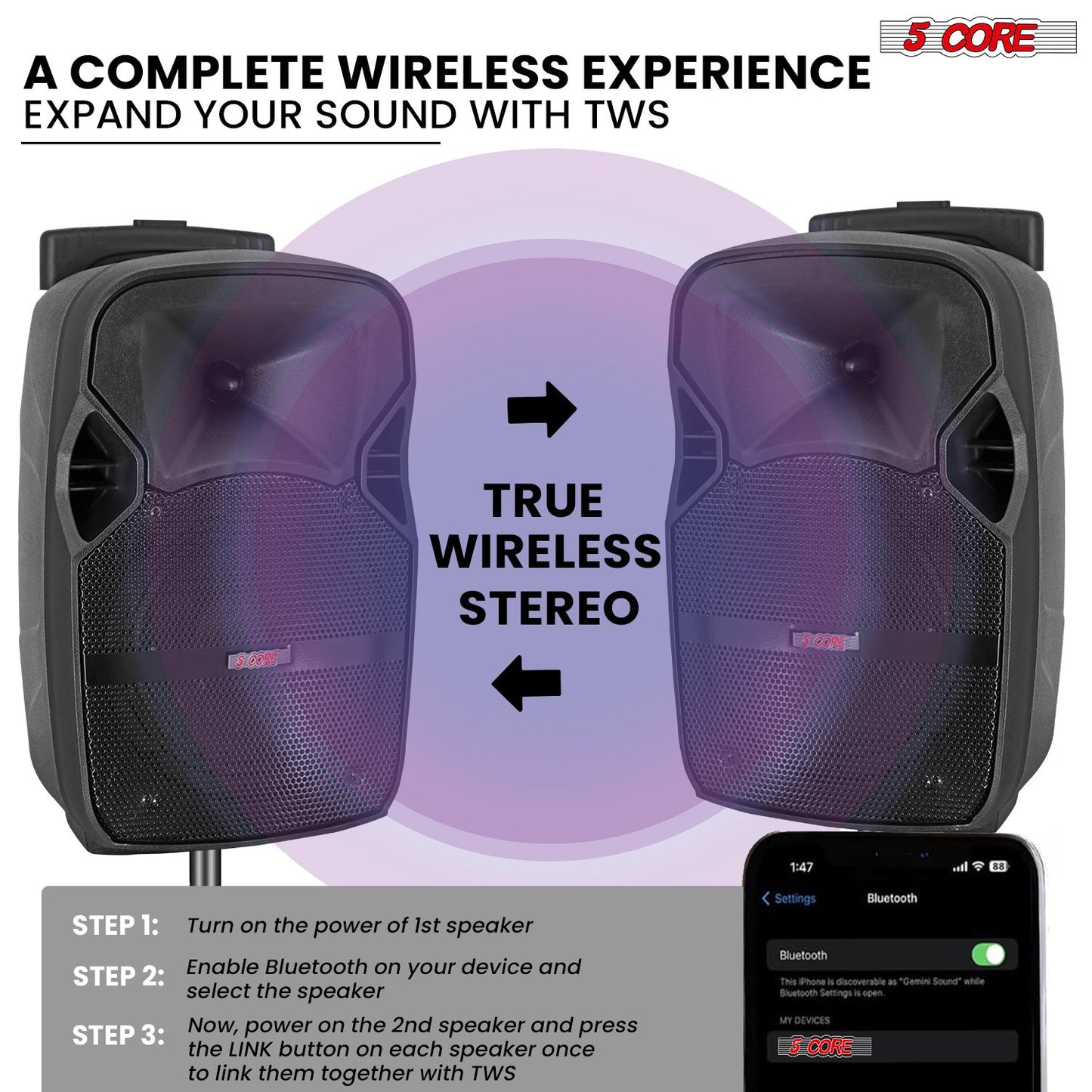 5 Core 10 inch PA Portable Bluetooth Party Speaker Karaoke Boombox + 2 Wireless Mics : ACTIVE HOME 10 2-MIC - Discount Msrp