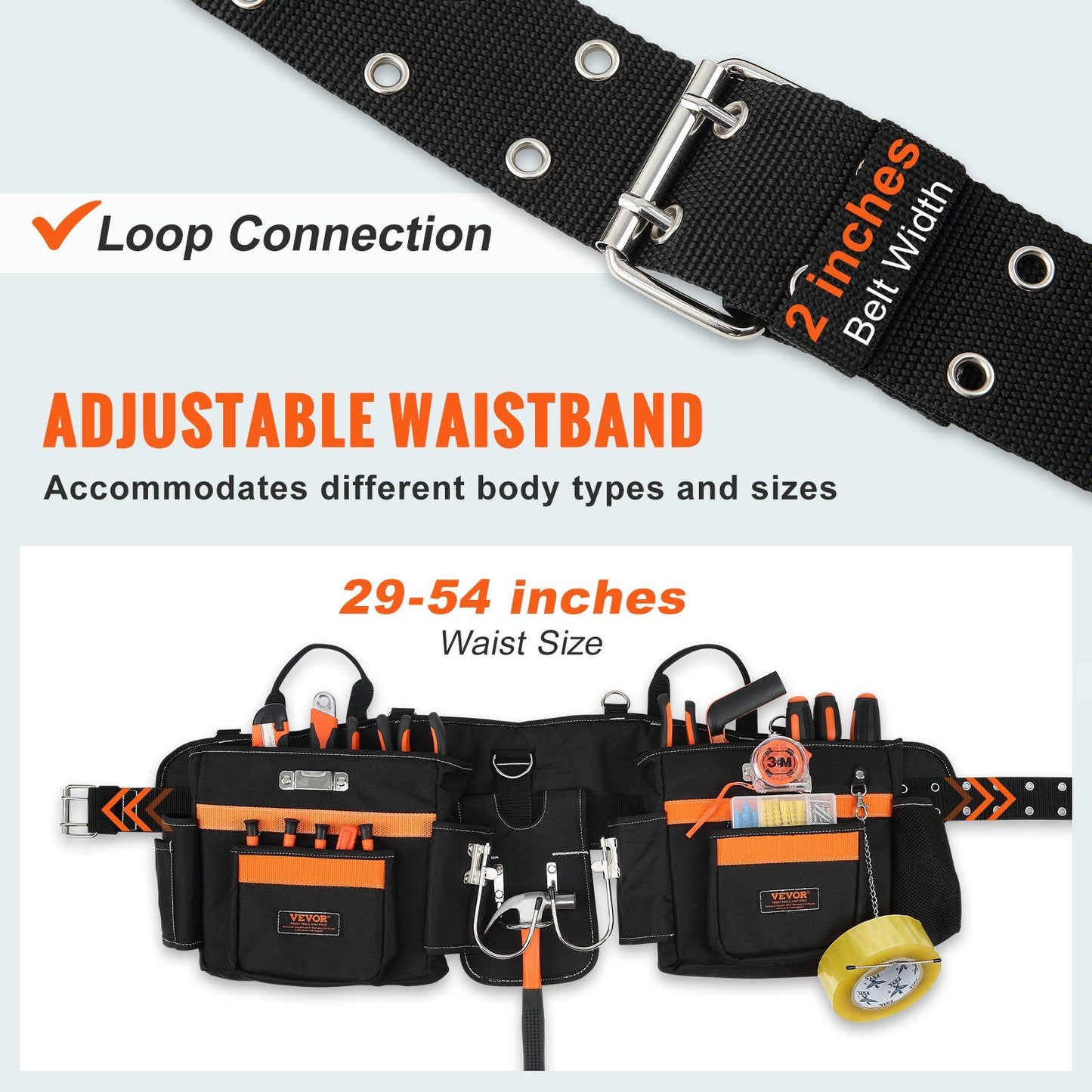 VEVOR Tool Belt with Suspenders, 29 Pockets, 29-54 inches Adjustable Waist Size, Tool Belts for Men, 600D Polyester Heavy Duty Carpenter Tool Pouch for Carpenters, Electricians, and Gardening, Black - Discount Msrp