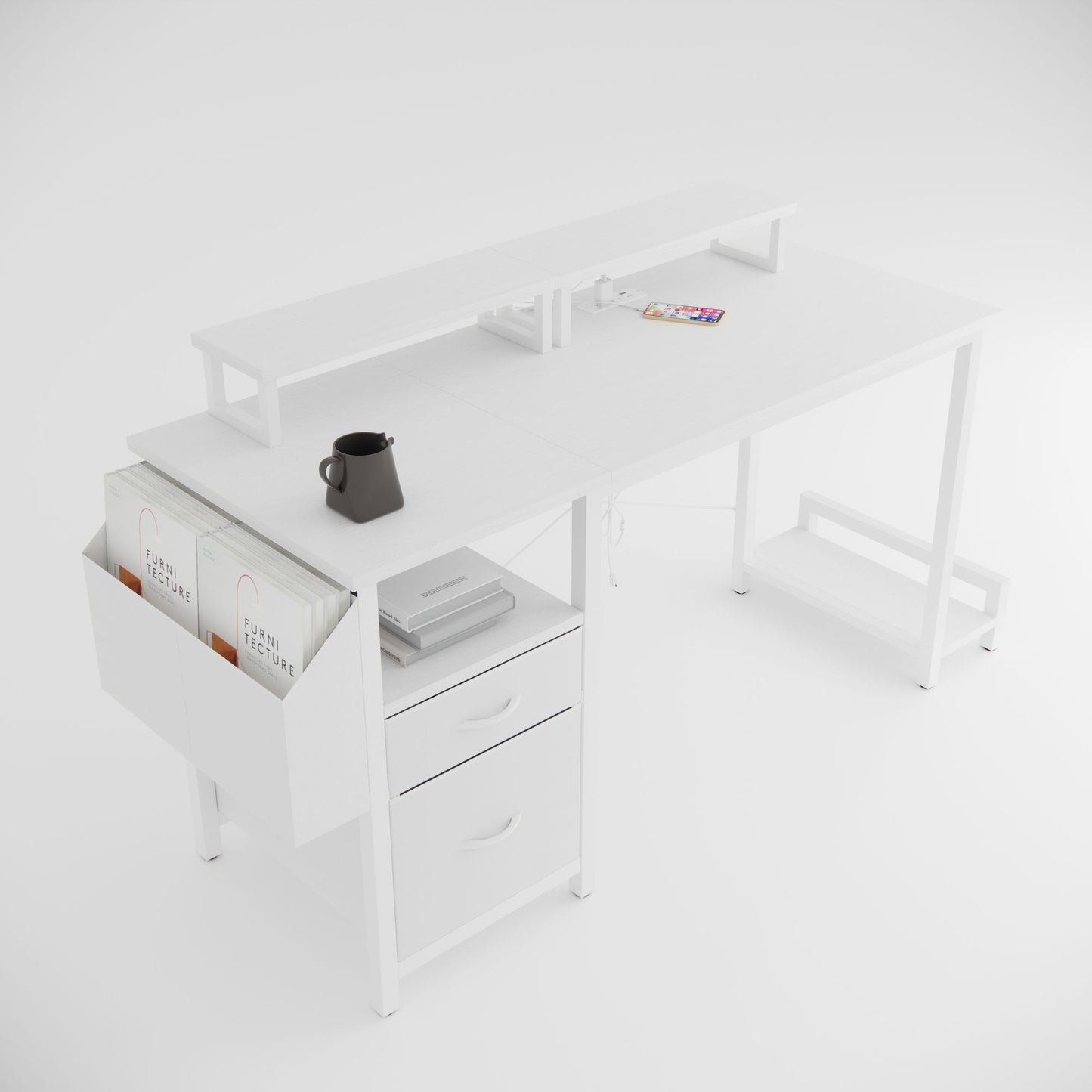 47"office desk with power outlet,2 Monitor Stands,2 drawers,Side Pocket,Easy to Assemble,Frame stability Reversible,use for home desk, computer desk, game table,White - Discount Msrp