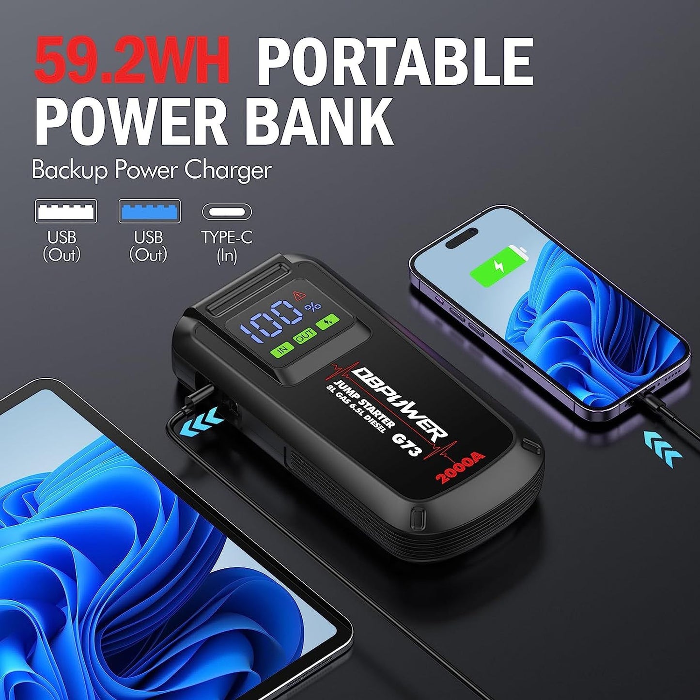 DBPOWER Jump Starter 2000A Peak Portable Car Jump Starter for Up to 8.0L Gas and 6.5L Diesel Engines, 12V Lithium Battery Booster Pack with 2.5" LCD Display, Smart Jumper Cables and LED Light - Discount Msrp