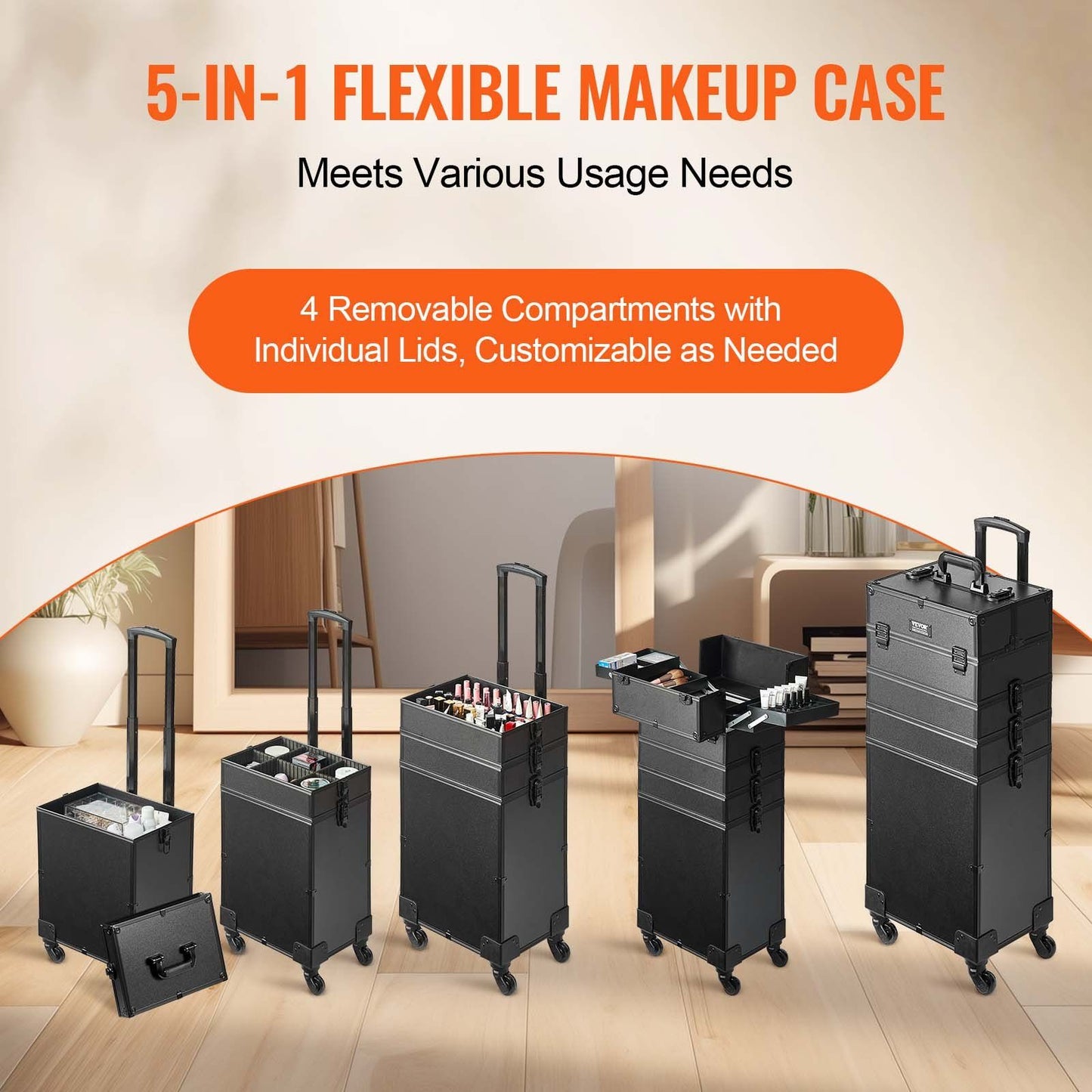 VEVOR 5 in 1 Professional Makeup Train Case Aluminum Cosmetic Case, Rolling Makeup Case Extra Large Trolley Makeup Travel Organizer, with 360° Swivel Wheels & Adjustable Pull Rod, Black - Discount Msrp