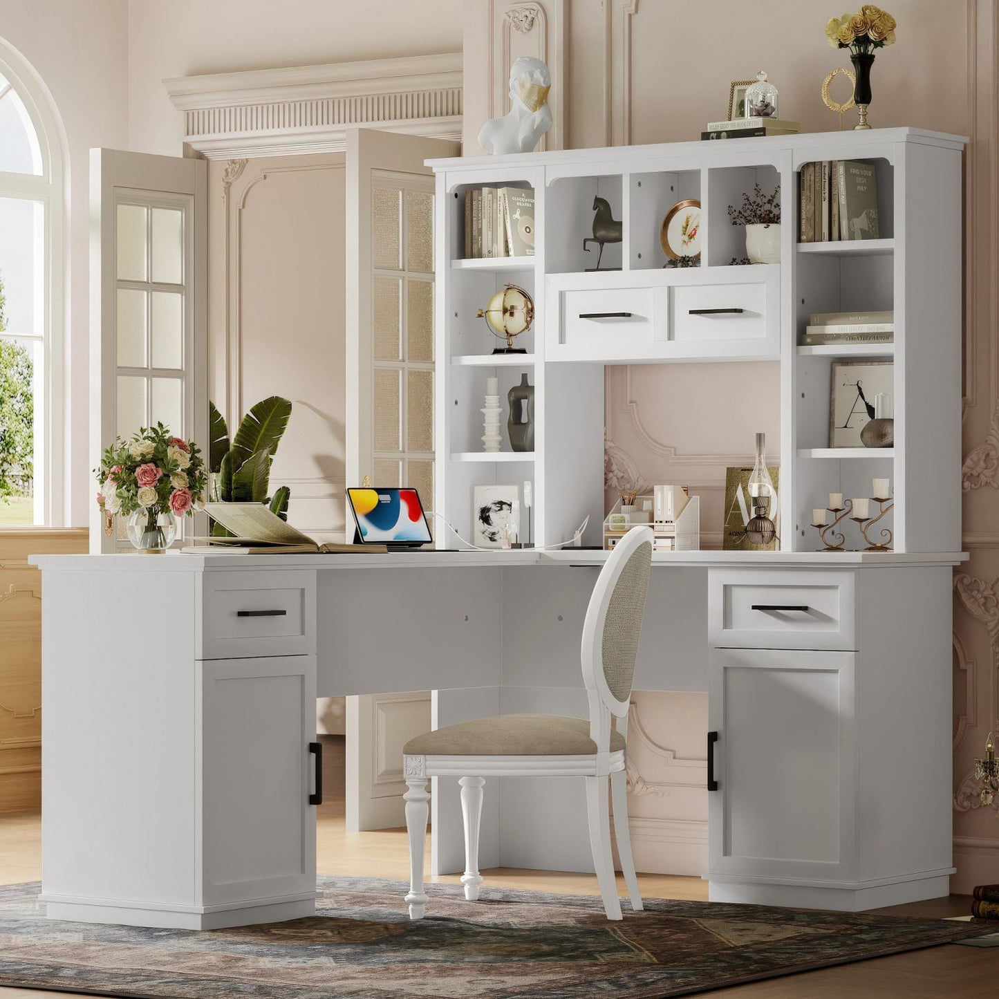 L-Shaped Computer Desk with 2 Cabinets and 2 Drawers, 11 Open Shelves and 1 Right Flip Shelf with Storage, with Power Outlet, for Study, Living Room and Office, White - Discount Msrp
