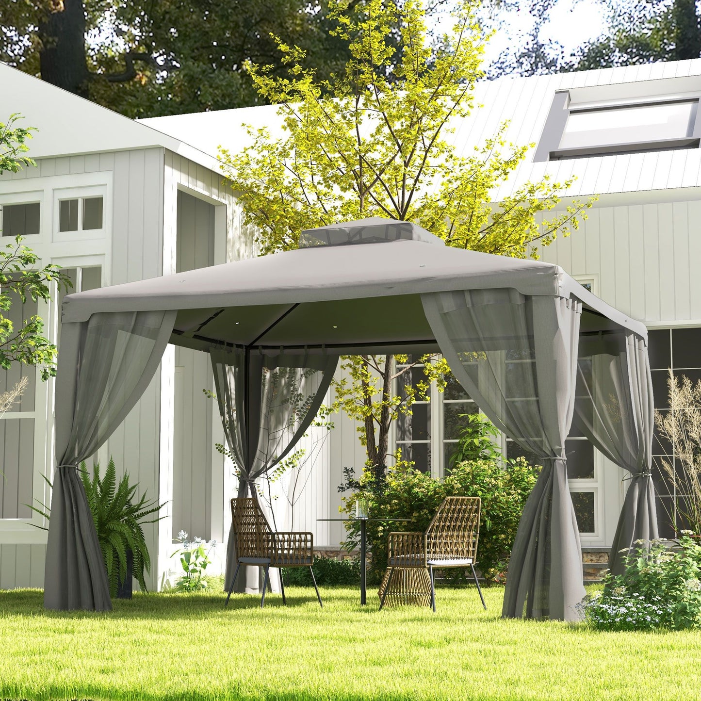 Outsunny 9.6' x 11.6' Patio Gazebo, Outdoor Canopy Shelter with 2-Tier Roof and Netting, Steel Frame for Garden, Lawn, Backyard, and Deck, Gray - Discount Msrp