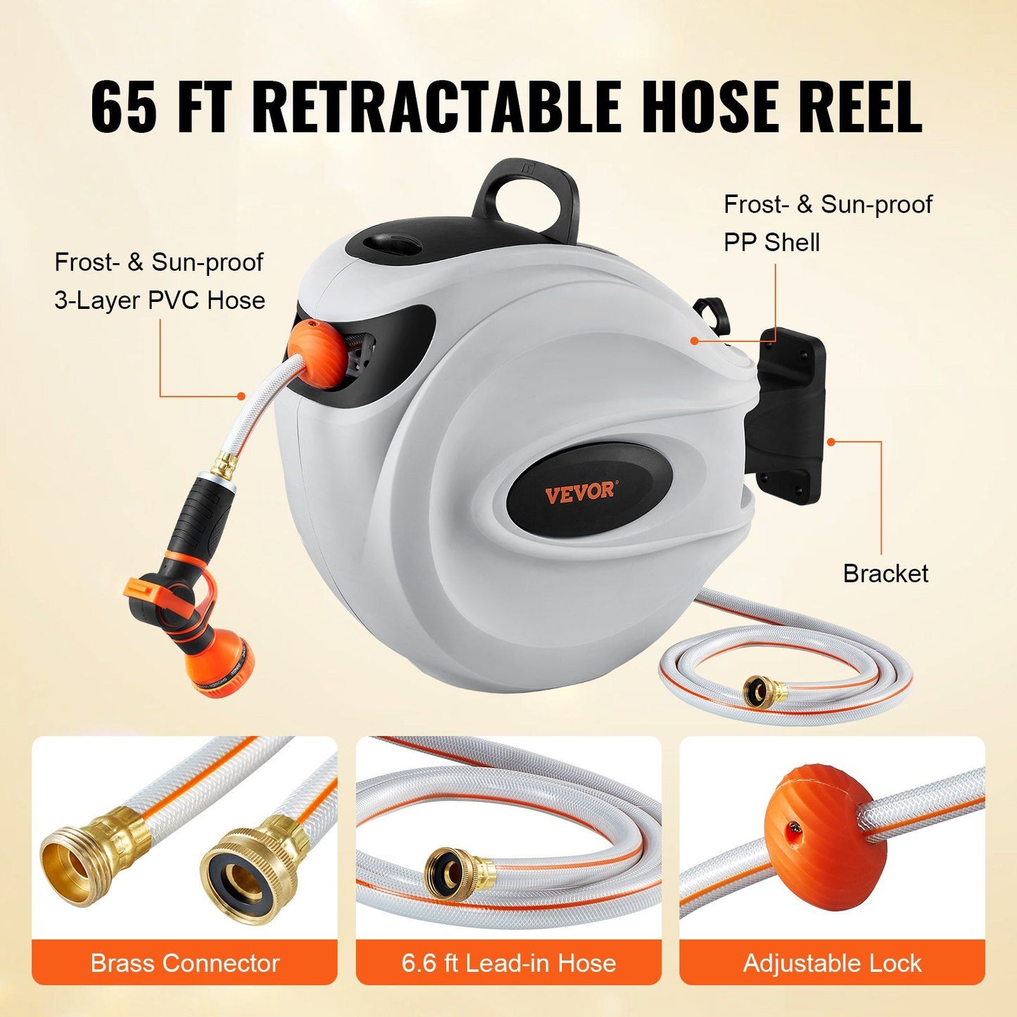 VEVOR Retractable Hose Reel Water Hose Reel 65'x5/8" 180° Swivel Wall-Mounted - Discount Msrp
