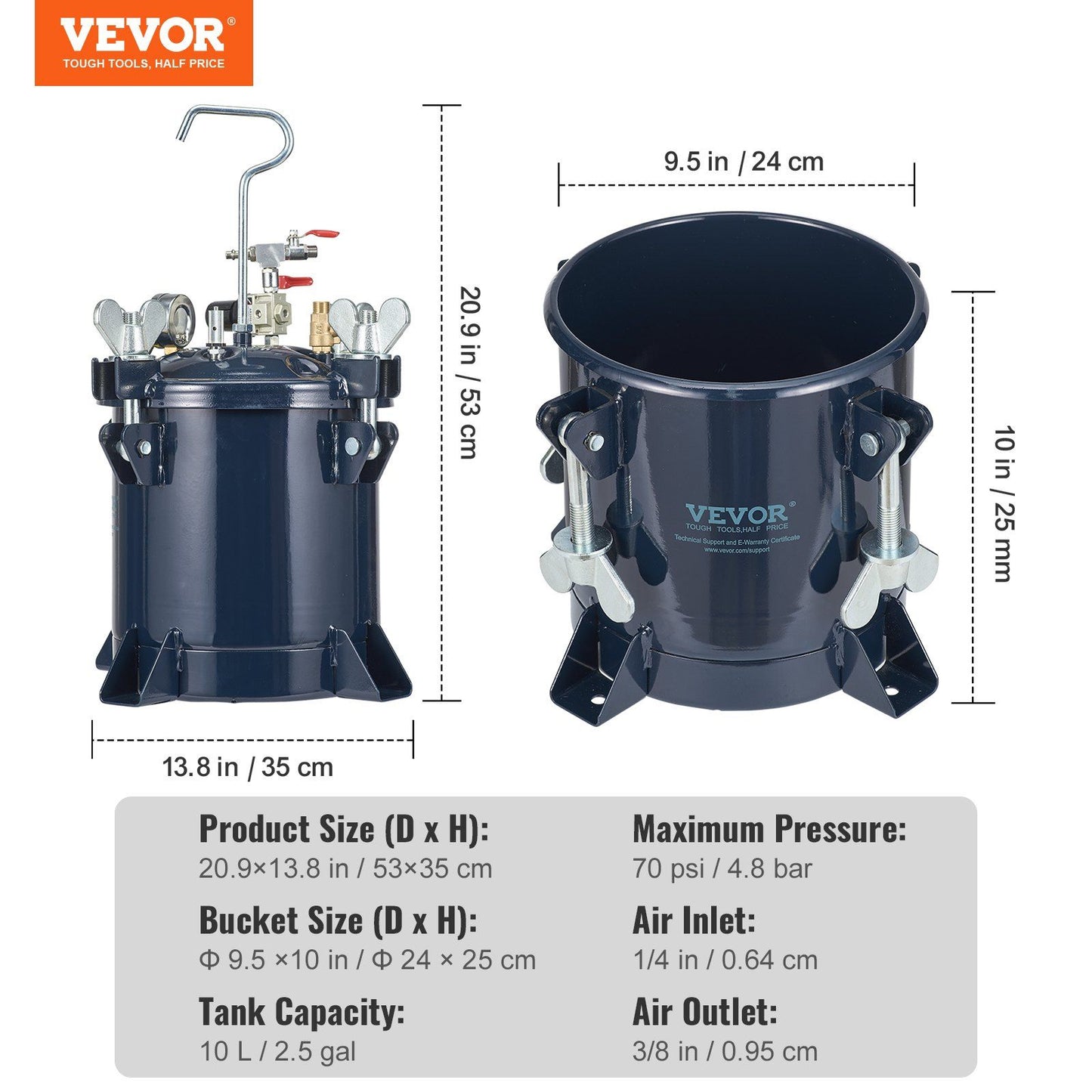 VEVOR 10L/2.5gal Spray Paint Pressure Pot Tank, 70PSI Max Air Paint Pressure Pot, Metal Rack and Leak Repair Sealant for Industry Home Decor Architecture Construction Automotive Painting - Discount Msrp