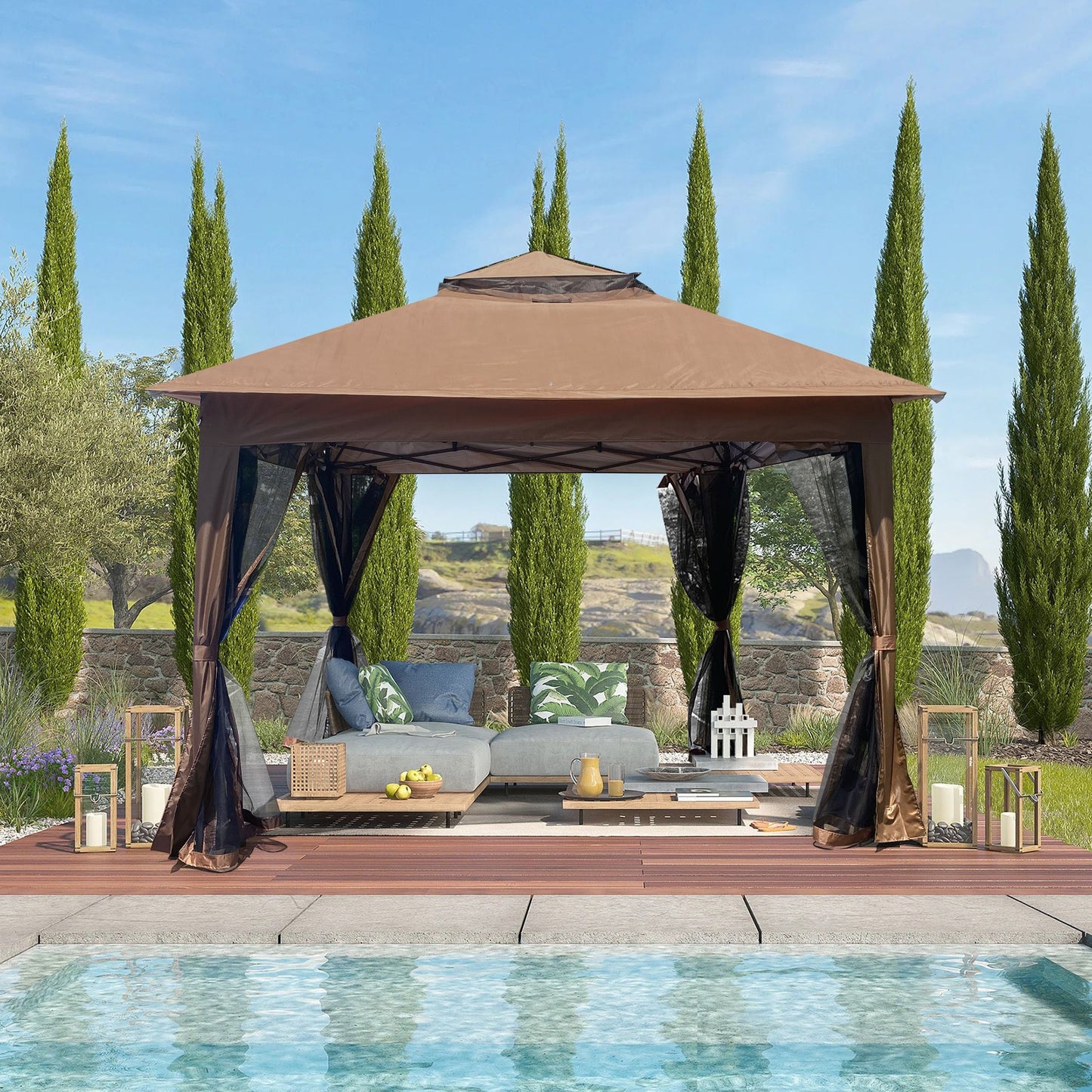 Outdoor 11x 11Ft Pop Up Gazebo Canopy With Removable Zipper Netting,2-Tier Soft Top Event Tent,Suitable For Patio Backyard Garden Camping Area with 4 Sandbags,Brown - Discount Msrp
