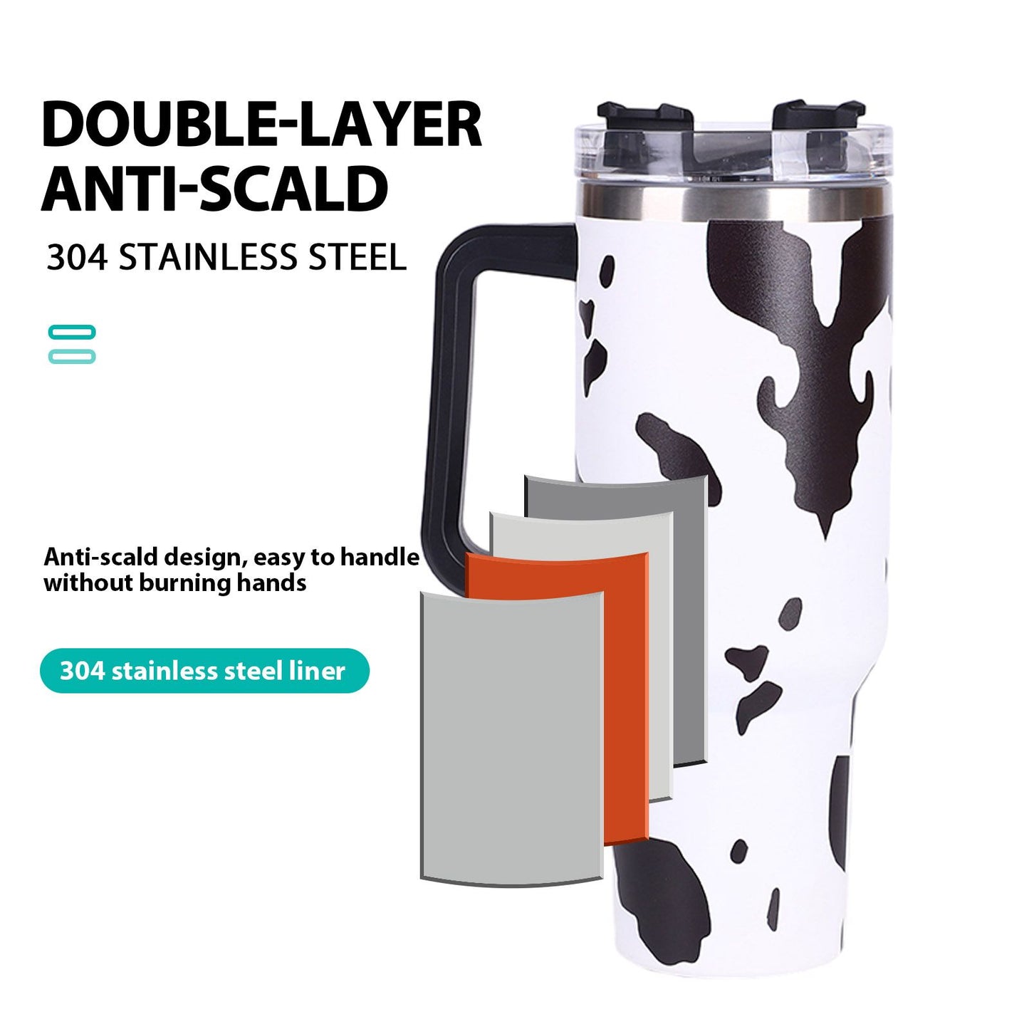 40oz 5D cowprint Insulated Tumbler With Handle And Straw Lid Portable Large Capacity water bottle, Heat preservation,304 Stainless Steel Cup For Outdoor Sports, Travel & Camping Birthday Gift - Discount Msrp