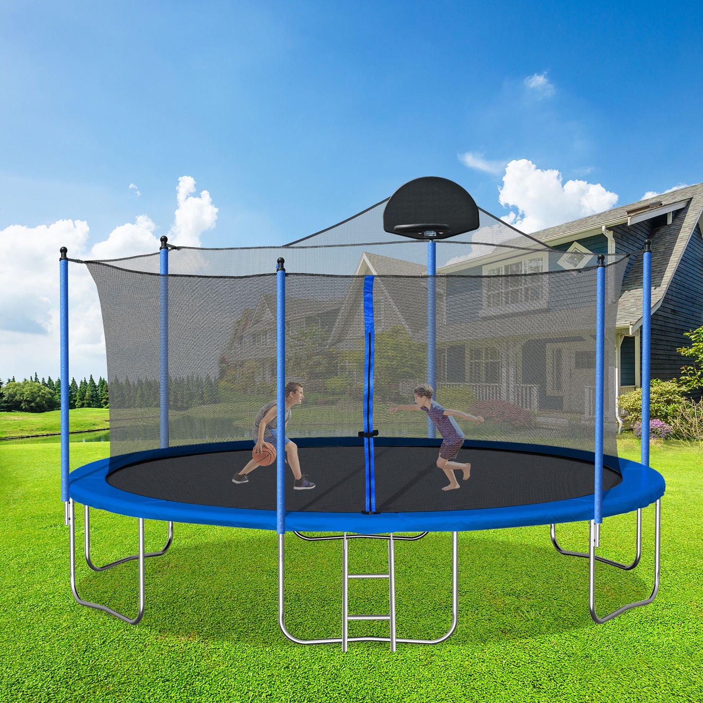 14FT Trampoline for Adults & Kids with Basketball Hoop, Outdoor Trampolines w/Ladder and Safety Enclosure Net for Kids and Adults - Discount Msrp