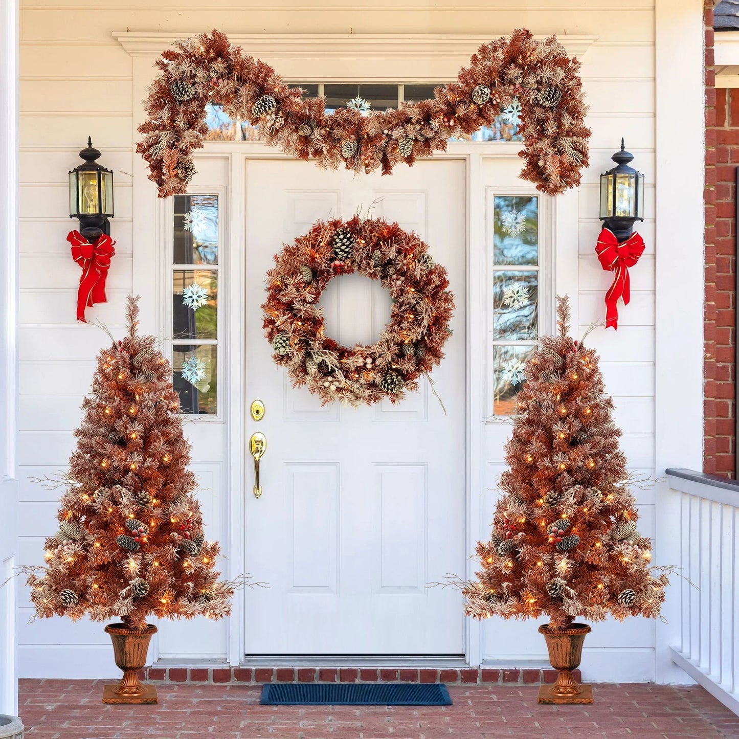 GO 4-Pieces Set Artificial Christmas Tree, Brown Needles with flocking, with Warm Lights, pine cones and berries, Artificial Tree for door and fireplace - Discount Msrp