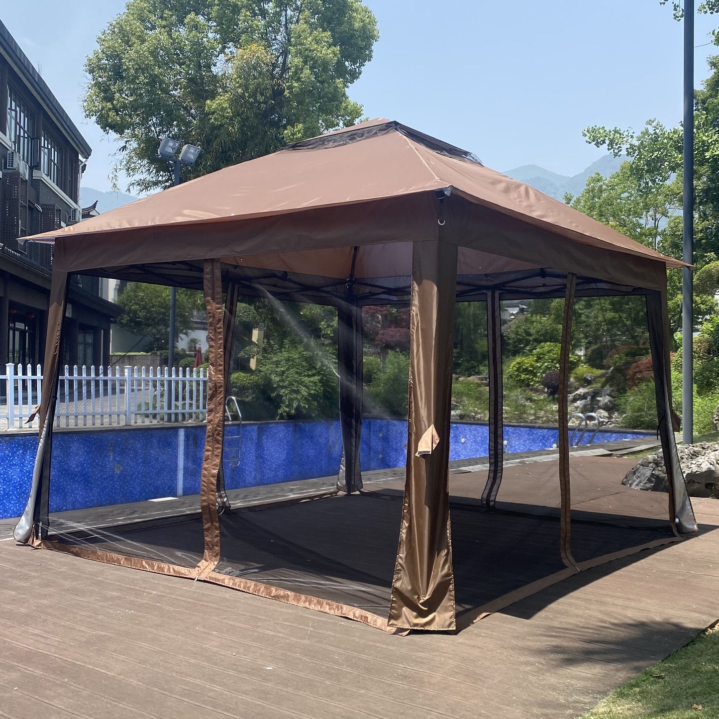 Outdoor 11x 11Ft Pop Up Gazebo Canopy With Removable Zipper Netting,2-Tier Soft Top Event Tent,Suitable For Patio Backyard Garden Camping Area with 4 Sandbags,Brown - Discount Msrp