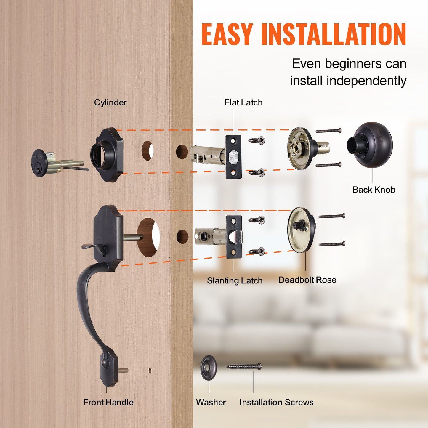 VEVOR Front Door Handle and Deadbolt Set, Antique Copper Front Door Lock Set with Interior Knob, Adjustable Hole Spacing Single Cylinder Handleset, for Right and Left Handed Entrance and Front Door - Discount Msrp
