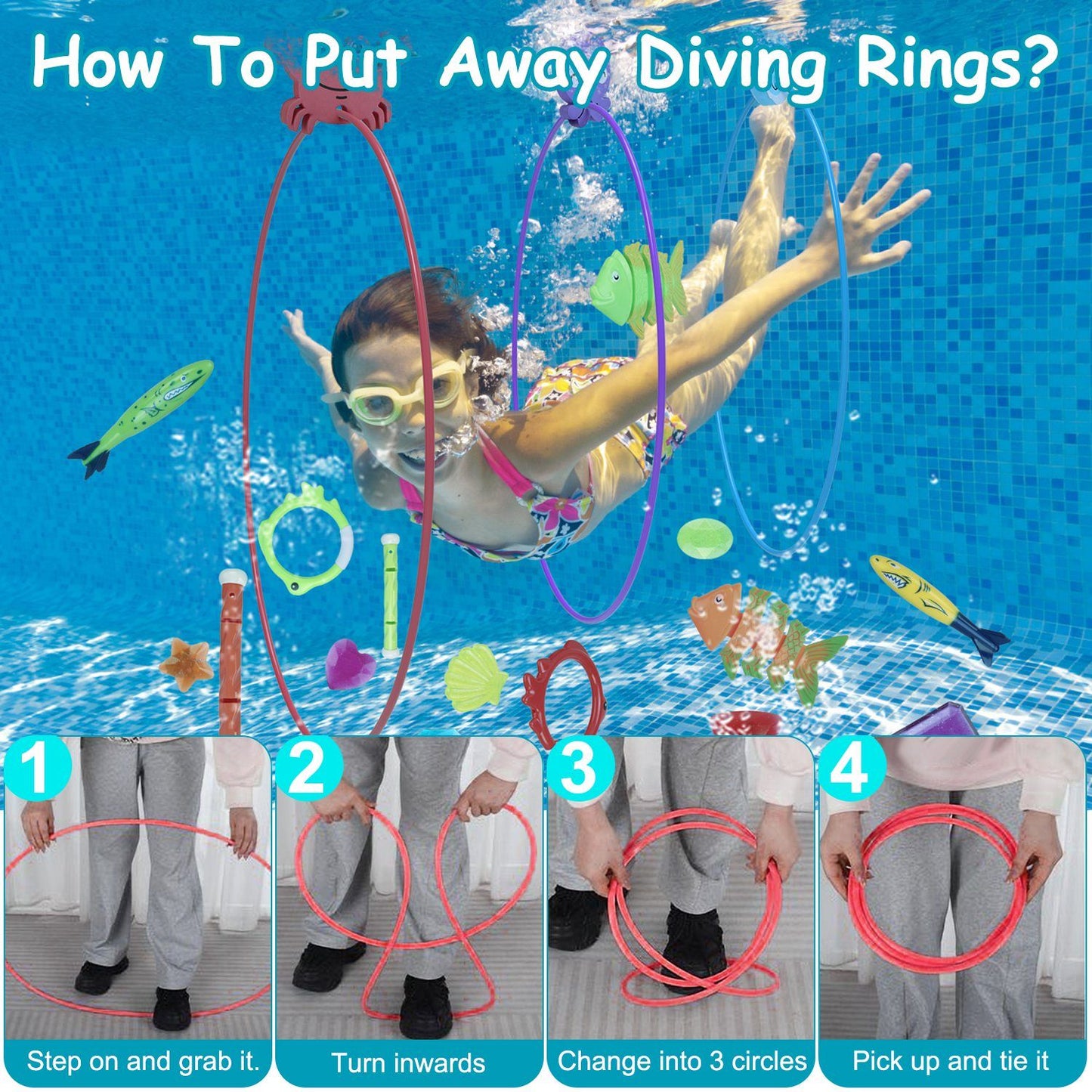 24Pcs Diving Toys Swimming Pool Toys Swim Toys for Kids Aged 3+ Years Old Swim Thru Rings Torpedoes Gems Volleyball Storage Bag - Discount Msrp